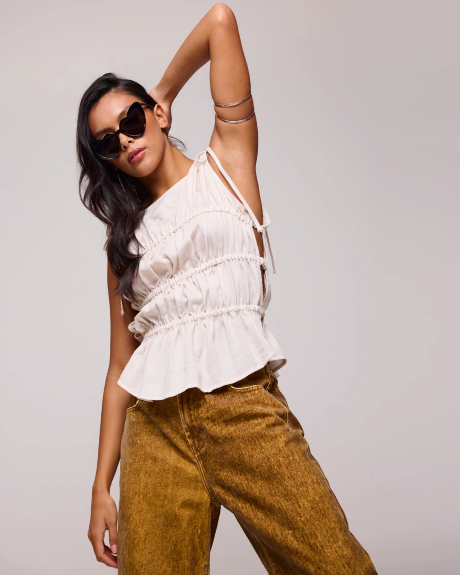 Evelyn Gathered Ruched Tie Top - Cream - Image 10