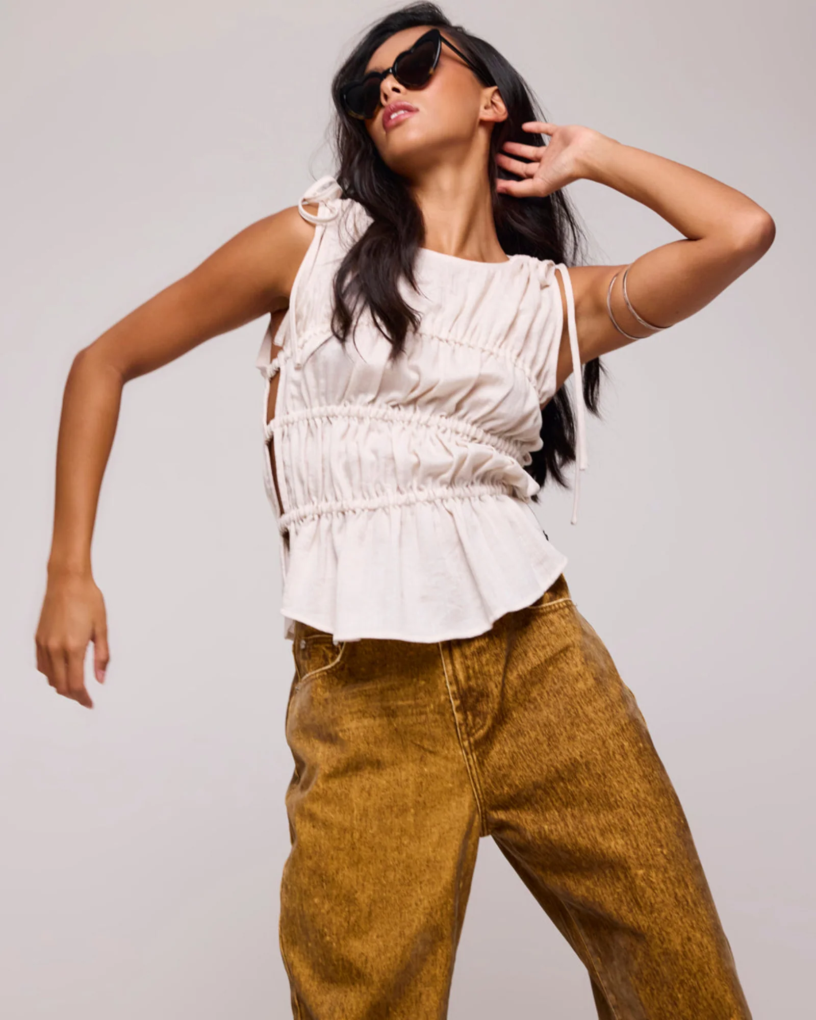 Evelyn Gathered Ruched Tie Top - Cream - Image 13