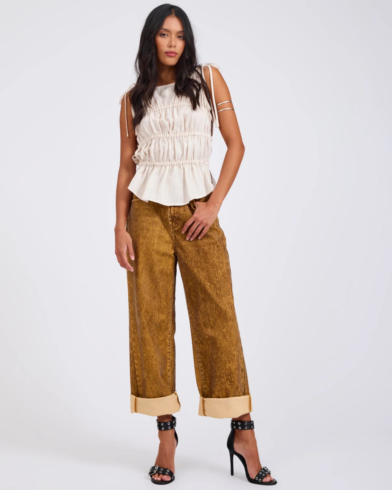 Evelyn Gathered Ruched Tie Top - Cream - Image 2