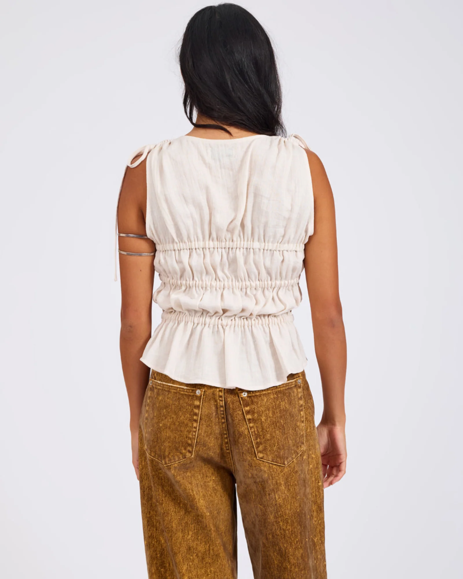 Evelyn Gathered Ruched Tie Top - Cream - Image 6
