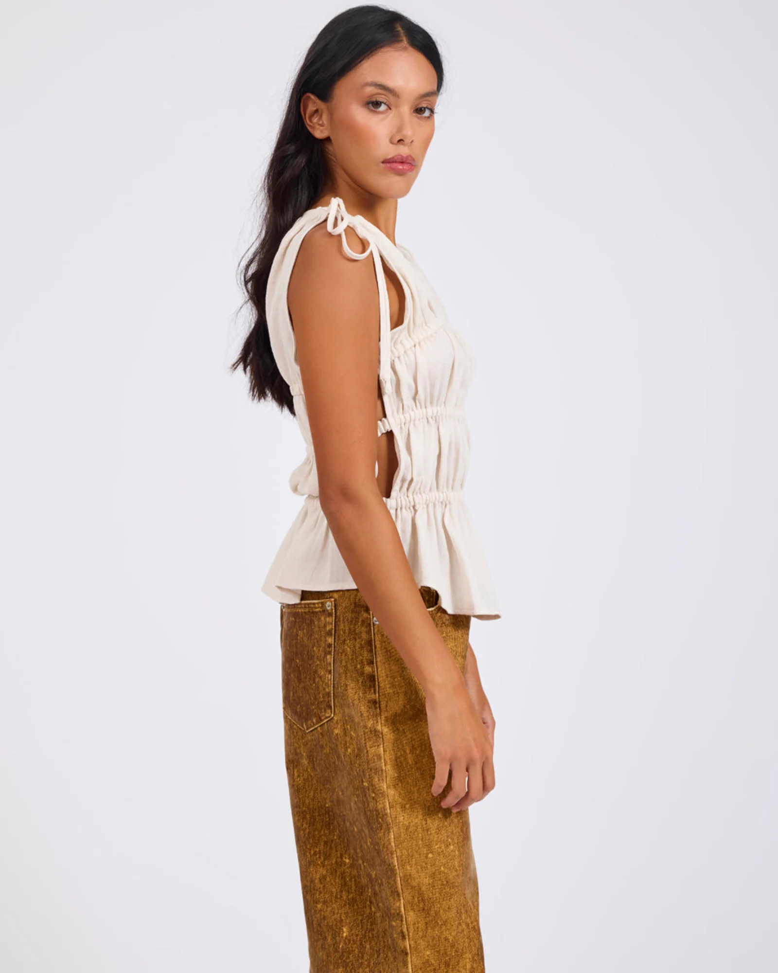 Evelyn Gathered Ruched Tie Top - Cream - Image 7
