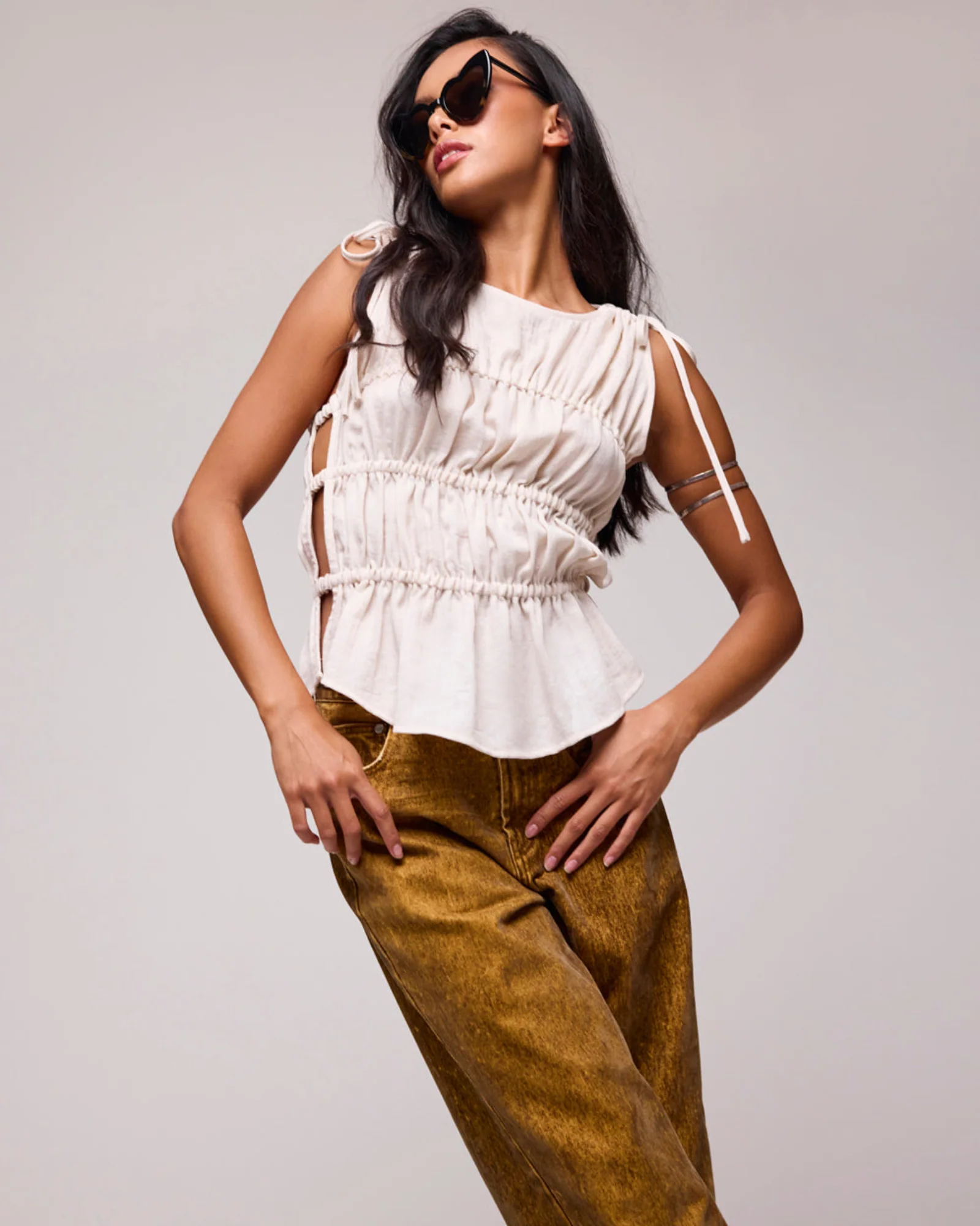 Evelyn Gathered Ruched Tie Top - Cream - Image 9