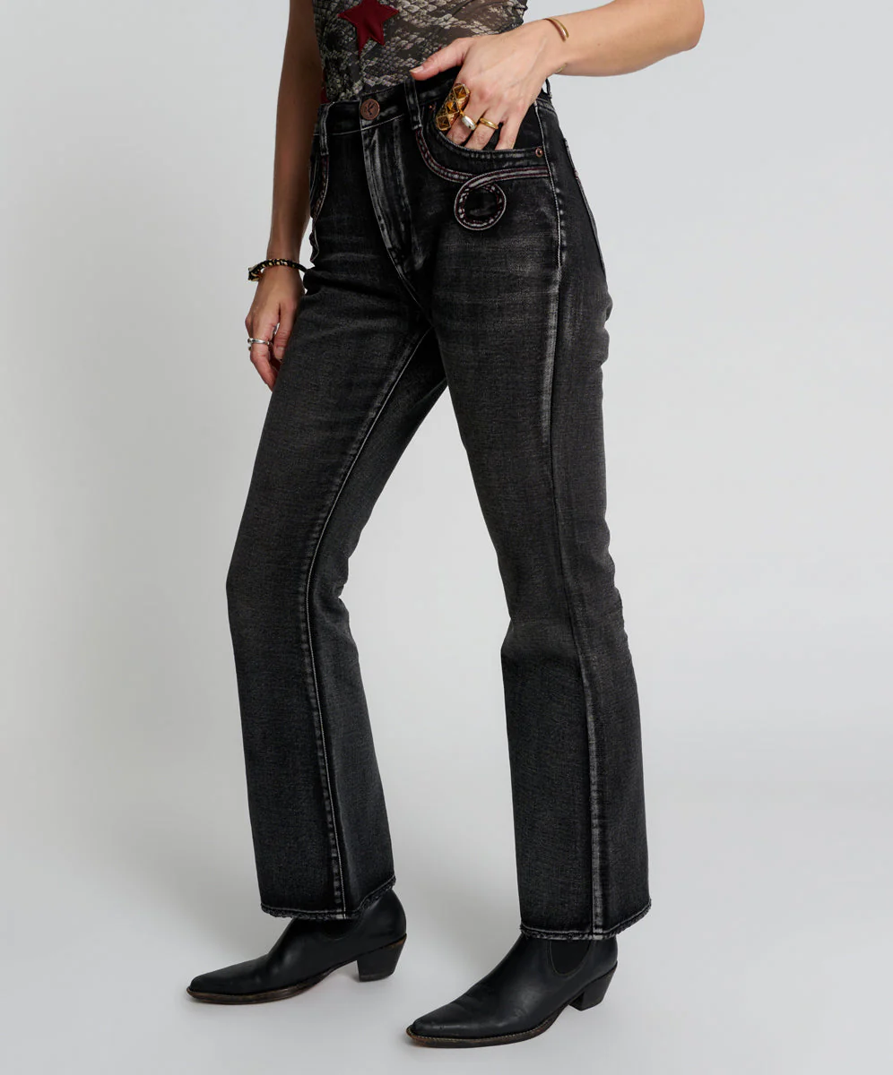 Charlie High Waist Slim Flared Denim Jeans - Faded Black - Image 3