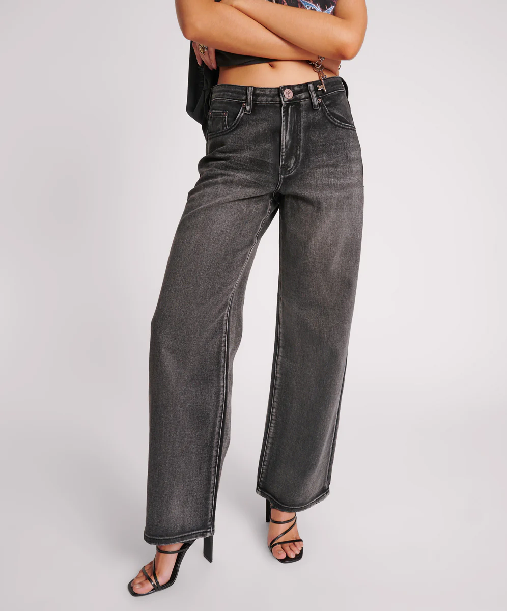 Jackson Mid Waist Wide Leg Denim Jeans - Faded Black - Image 2