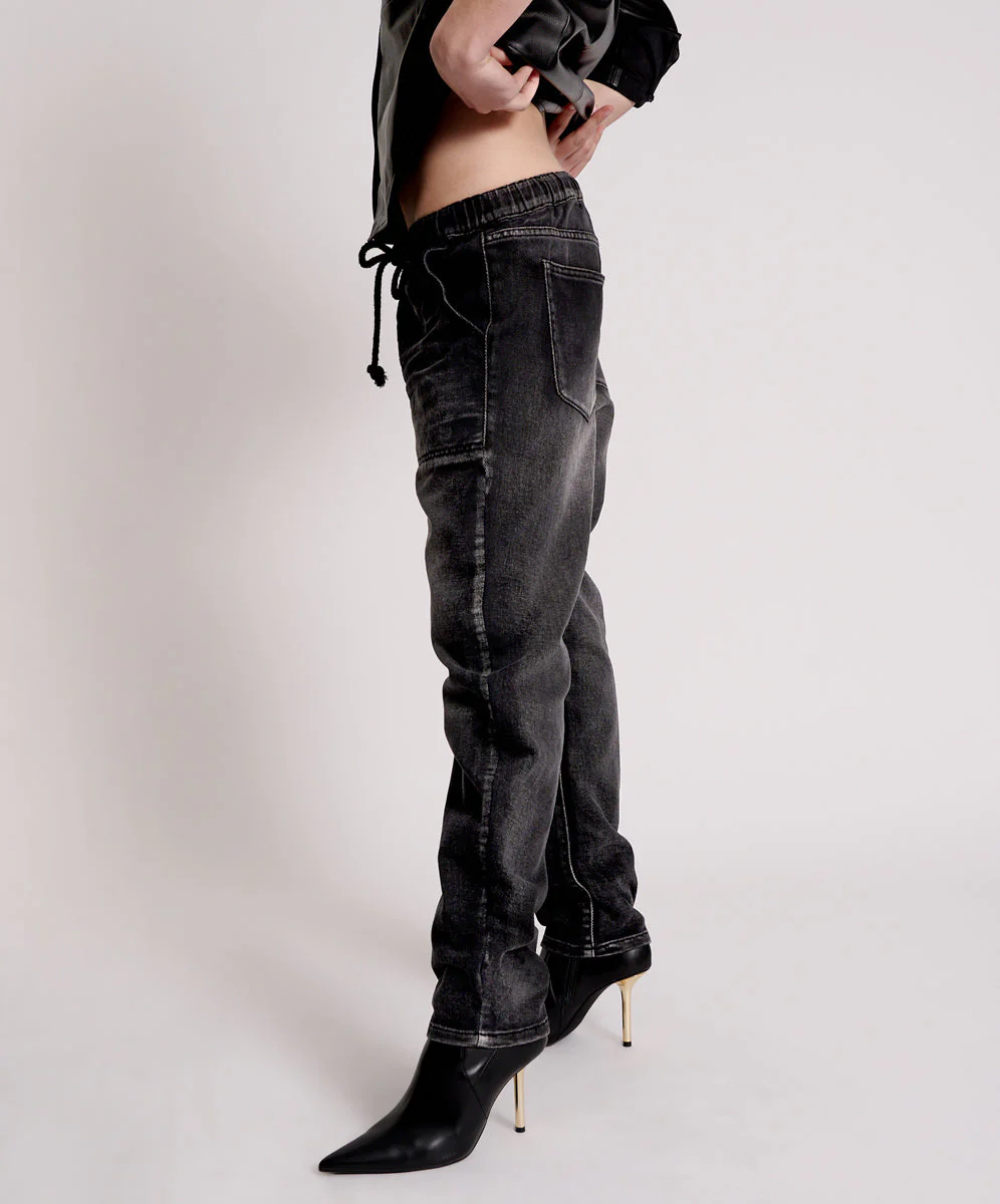 Shabbies Low Waist Drawstring Boyfriend Denim Jeans - Faded Black - Image 3