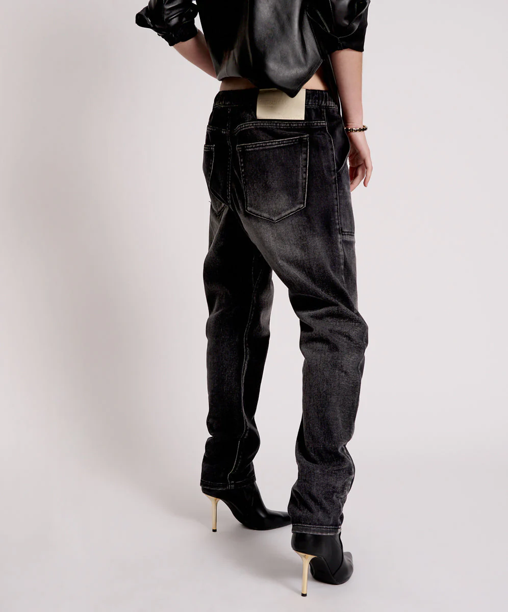 Shabbies Low Waist Drawstring Boyfriend Denim Jeans - Faded Black - Image 4