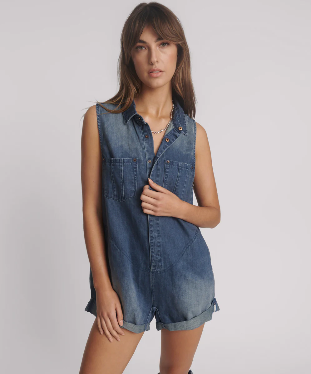 Braxton Mini Hemp Heart Cutout Denim Jumpsuit - Faded Blue - Image 3