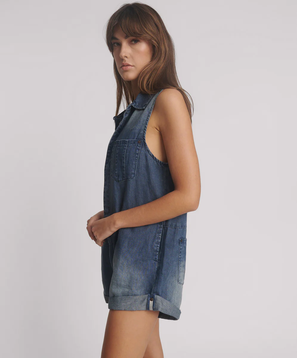 Braxton Mini Hemp Heart Cutout Denim Jumpsuit - Faded Blue - Image 4