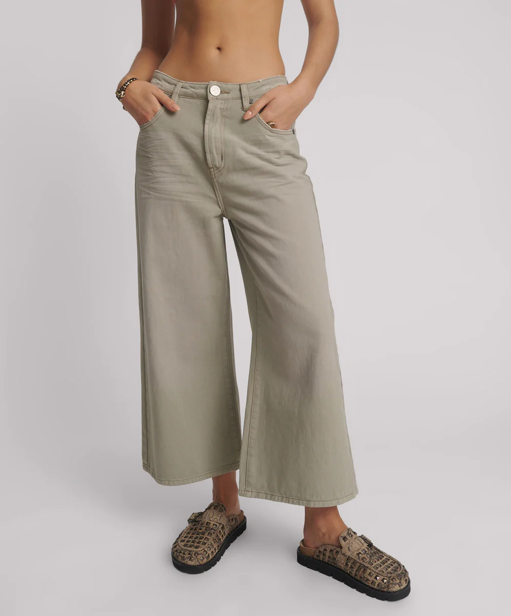 Love Machines Mid Waist Super Wide Leg Cropped Denim Jeans - Faded Khaki - Image 2