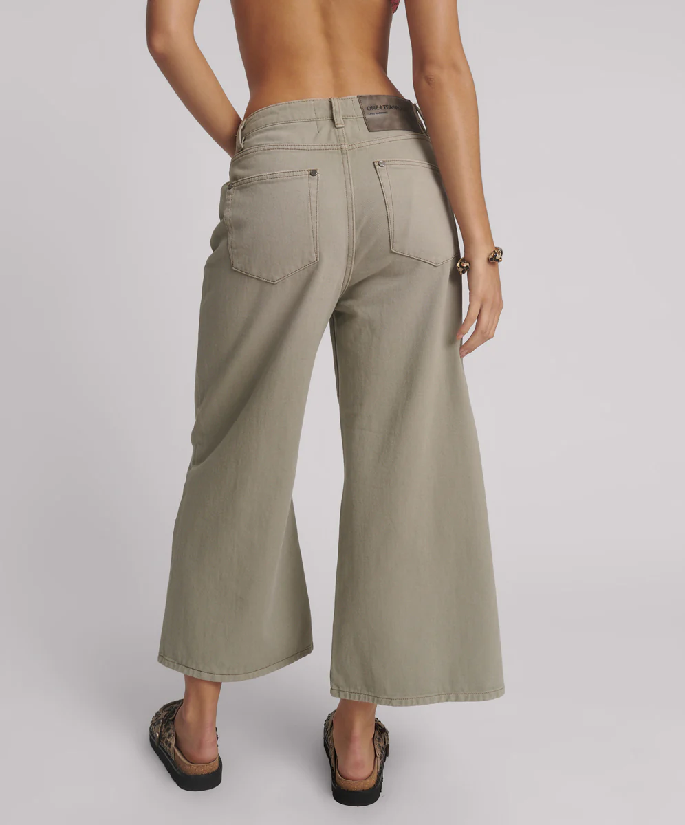 Love Machines Mid Waist Super Wide Leg Cropped Denim Jeans - Faded Khaki - Image 4