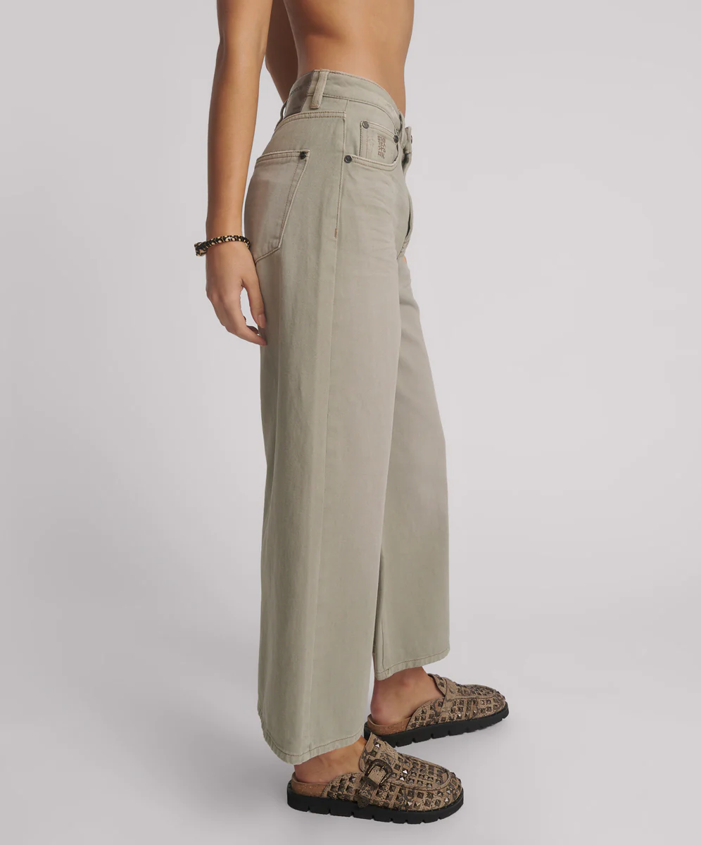 Love Machines Mid Waist Super Wide Leg Cropped Denim Jeans - Faded Khaki - Image 5