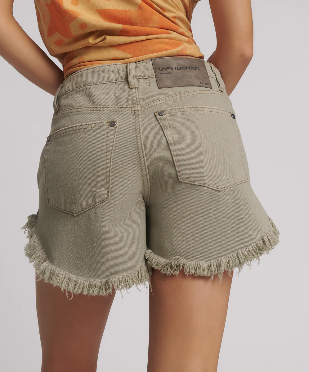 Outlaws Mid Waist Mid Length Denim Shorts - Faded Khaki - Image 5