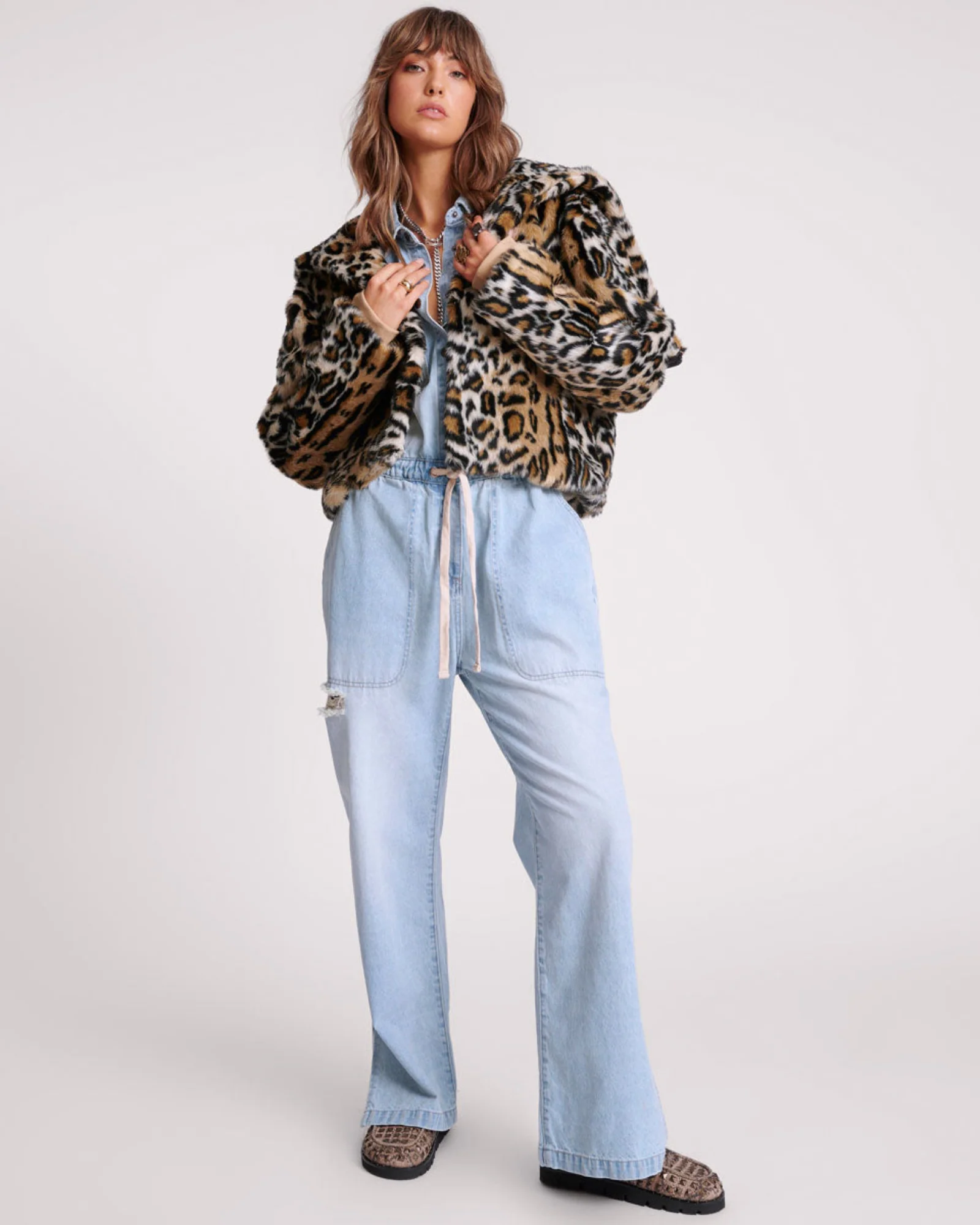 Faux Fur Leopard Split Hood Jacket - Animal - Image 5