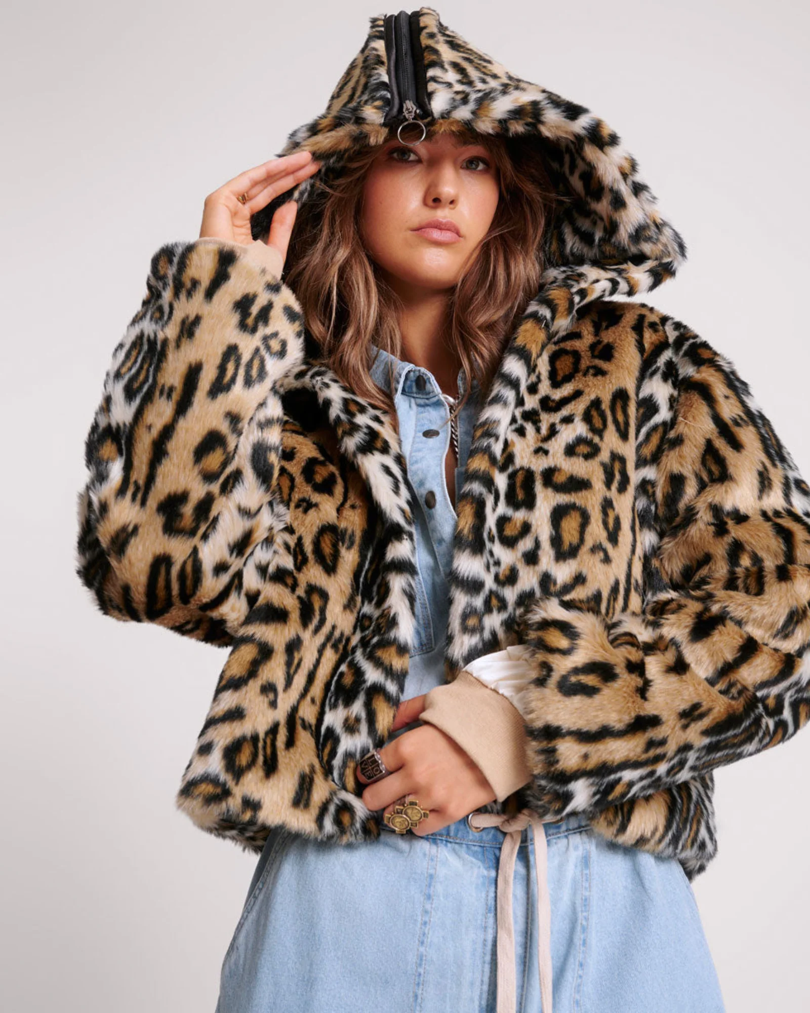 Faux Fur Leopard Split Hood Jacket - Animal - Image 6
