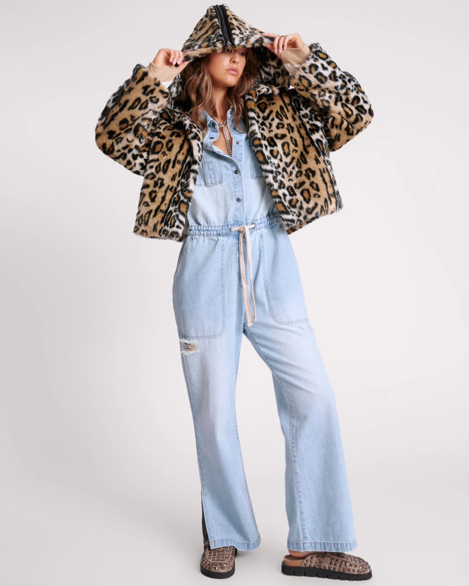 Faux Fur Leopard Split Hood Jacket - Animal - Image 7