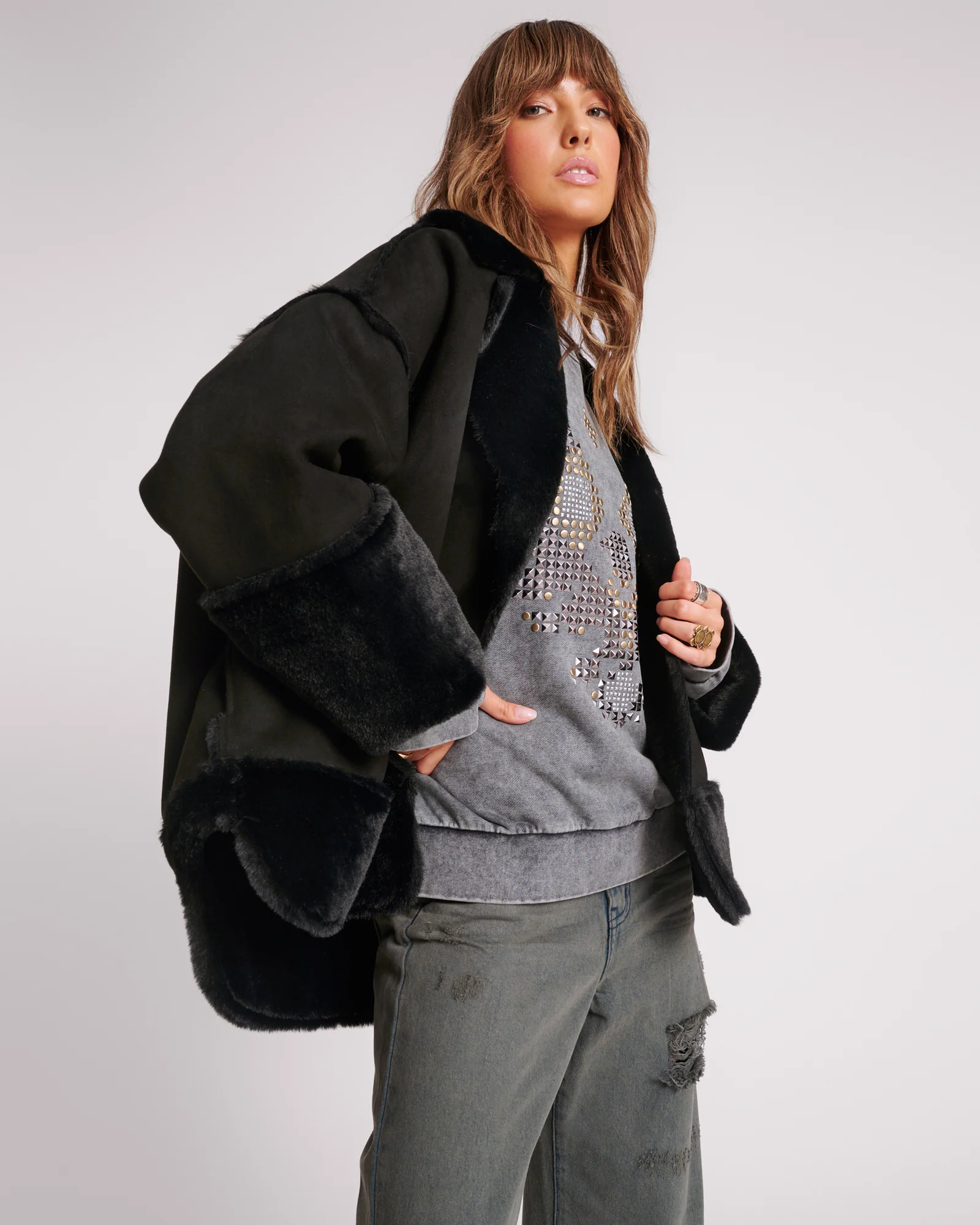 Faux Shearling Aviator Coat - Black - Image 4