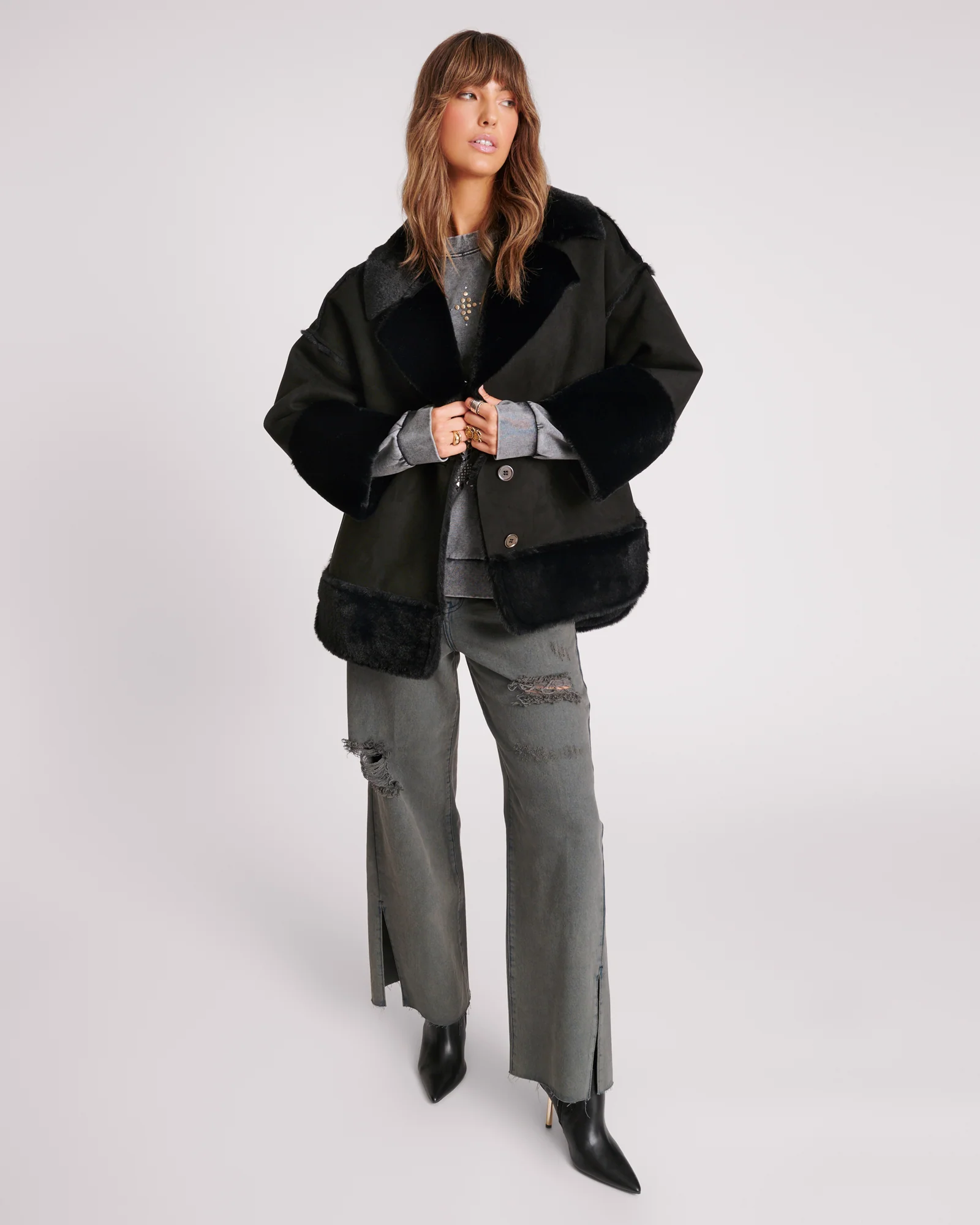Faux Shearling Aviator Coat - Black - Image 5