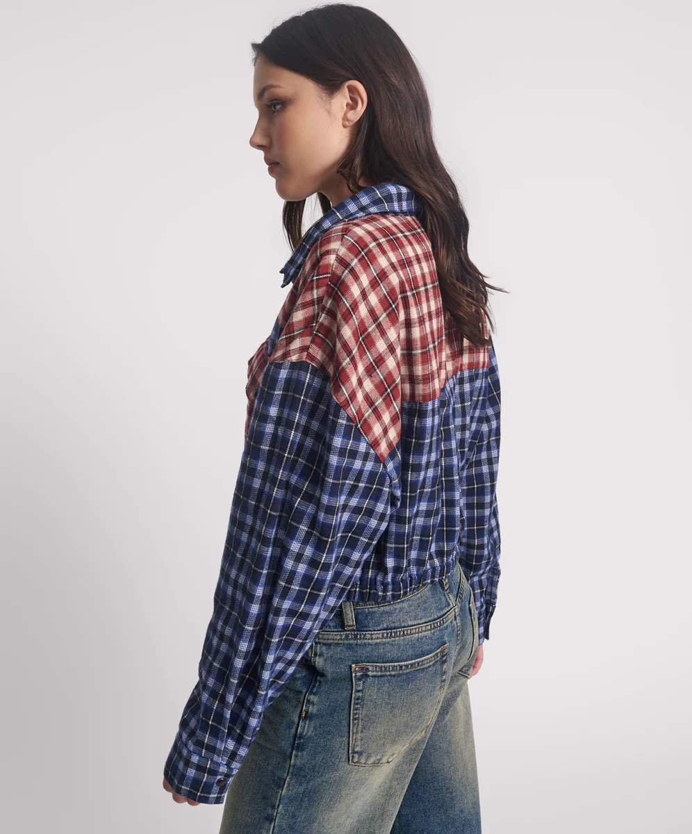 Flannel Bubble Hem Cropped Shirt - Navy Check - Image 2