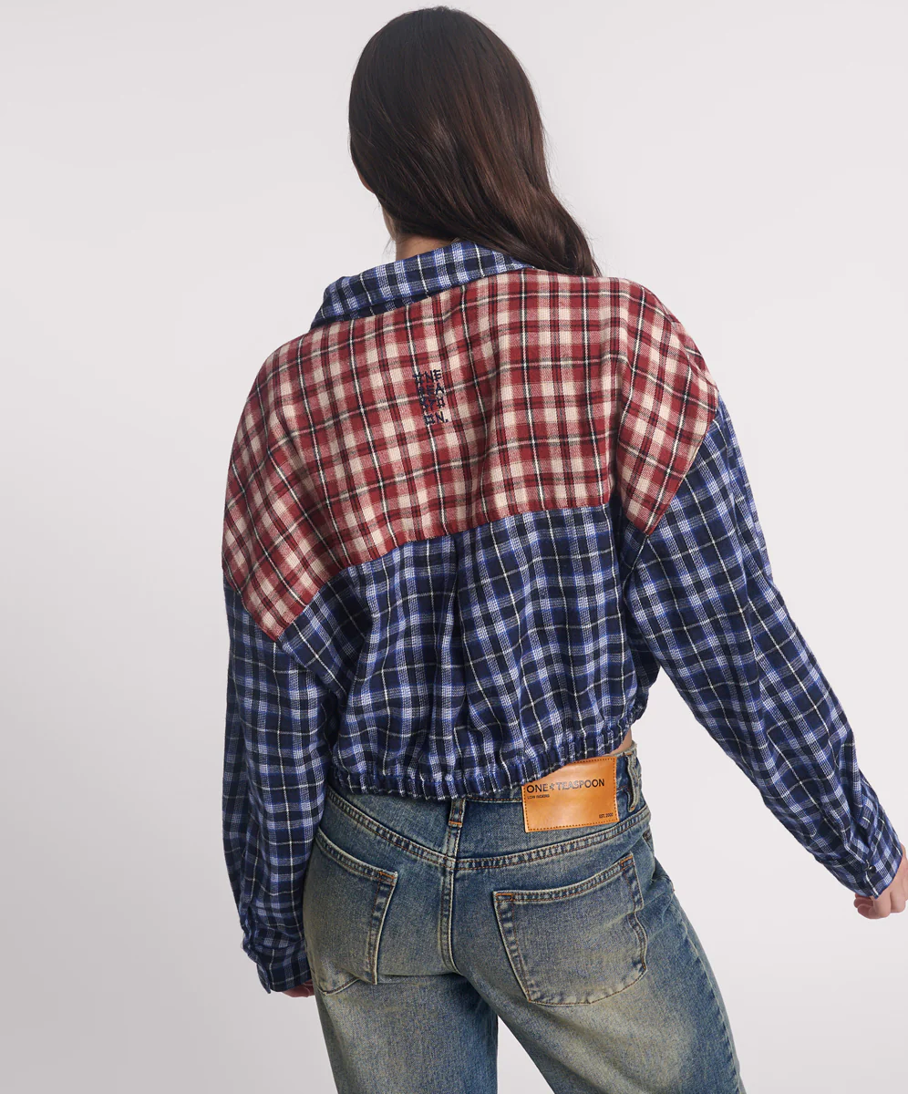 Flannel Bubble Hem Cropped Shirt - Navy Check - Image 3