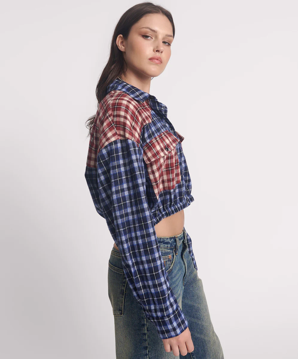 Flannel Bubble Hem Cropped Shirt - Navy Check - Image 4
