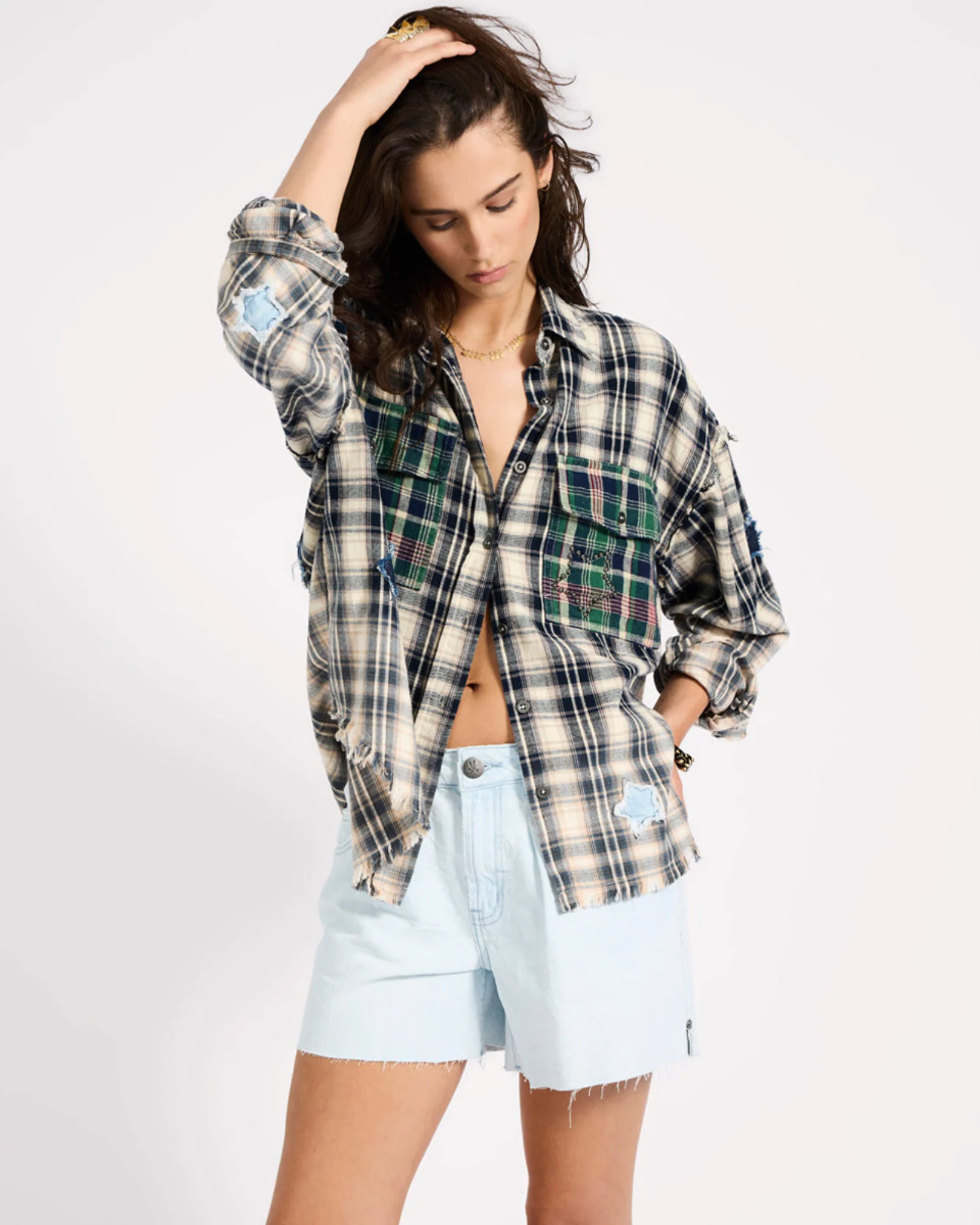 Flannel Star Studded Shirt - Cream Blue Check