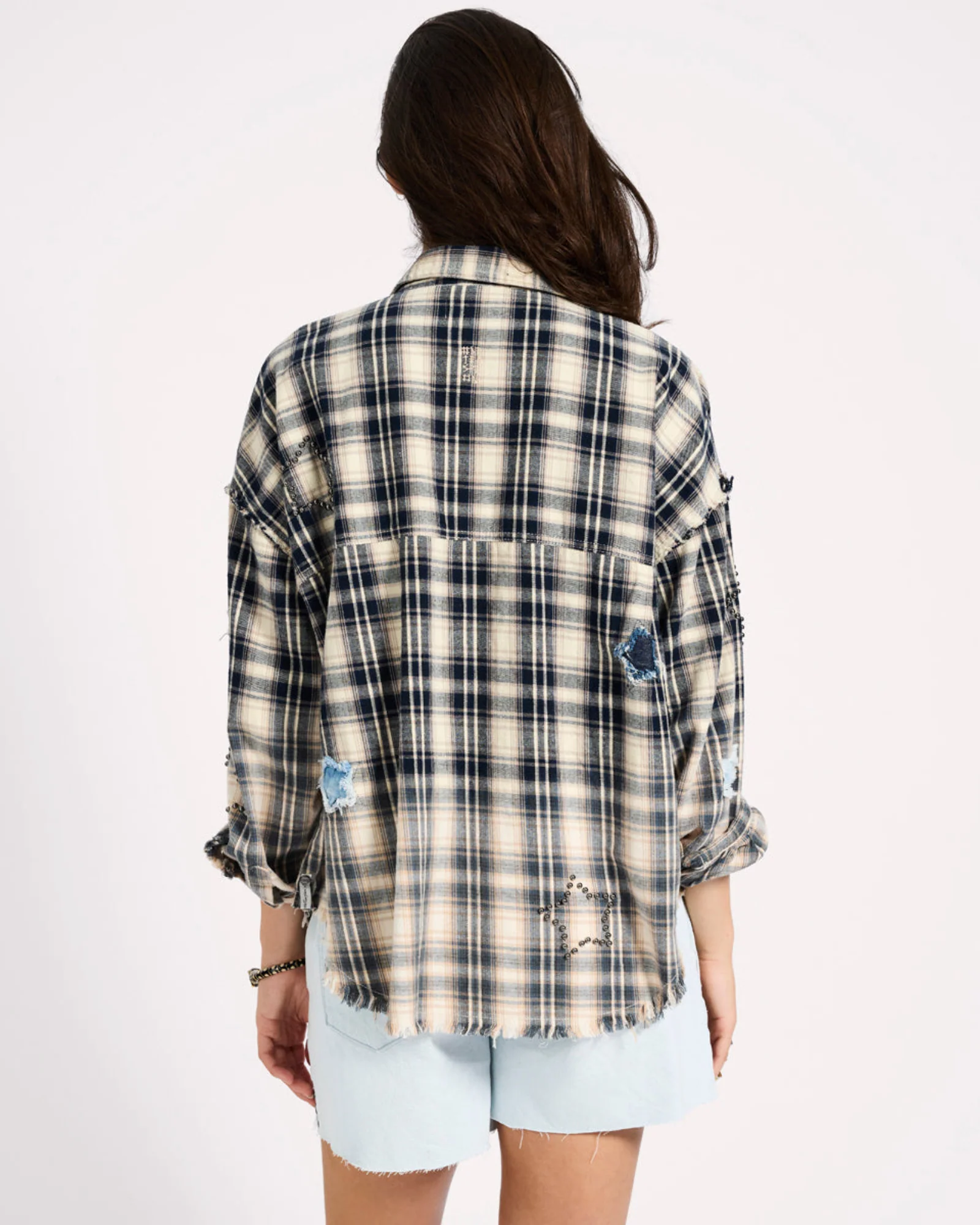 Flannel Star Studded Shirt - Cream Blue Check - Image 6