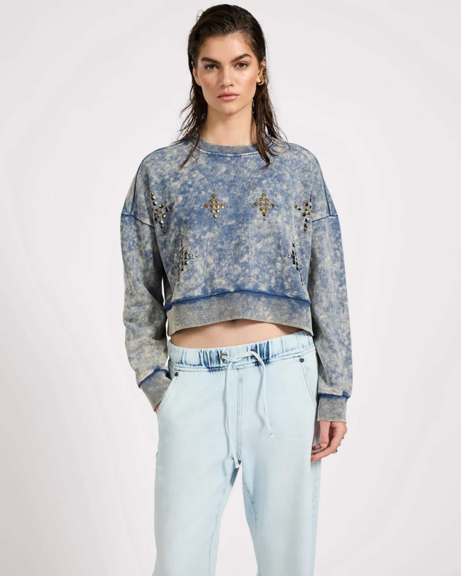 Fleece Cropped Star Studded Sweater - Acid Wash Blue