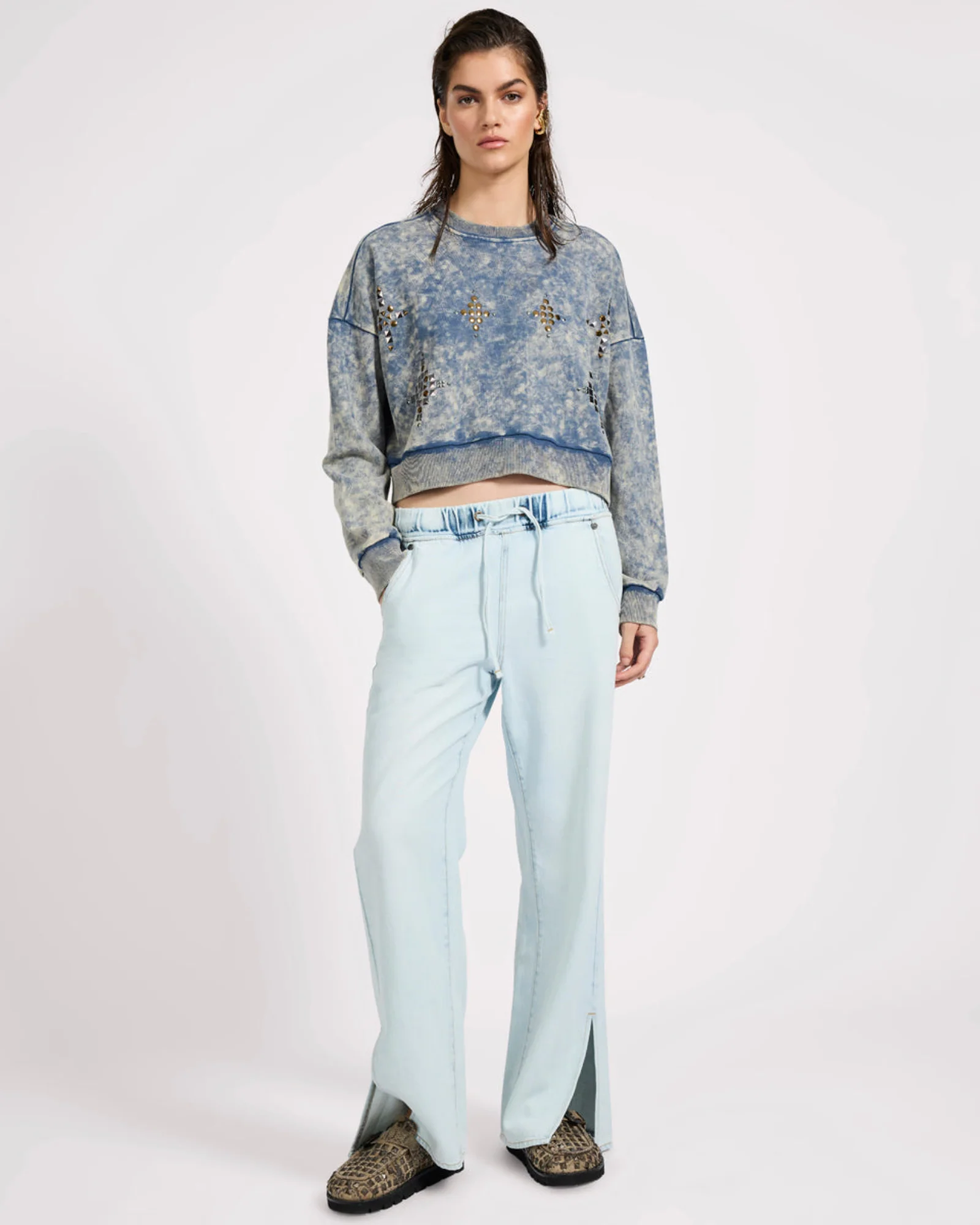 Fleece Cropped Star Studded Sweater - Acid Wash Blue - Image 2