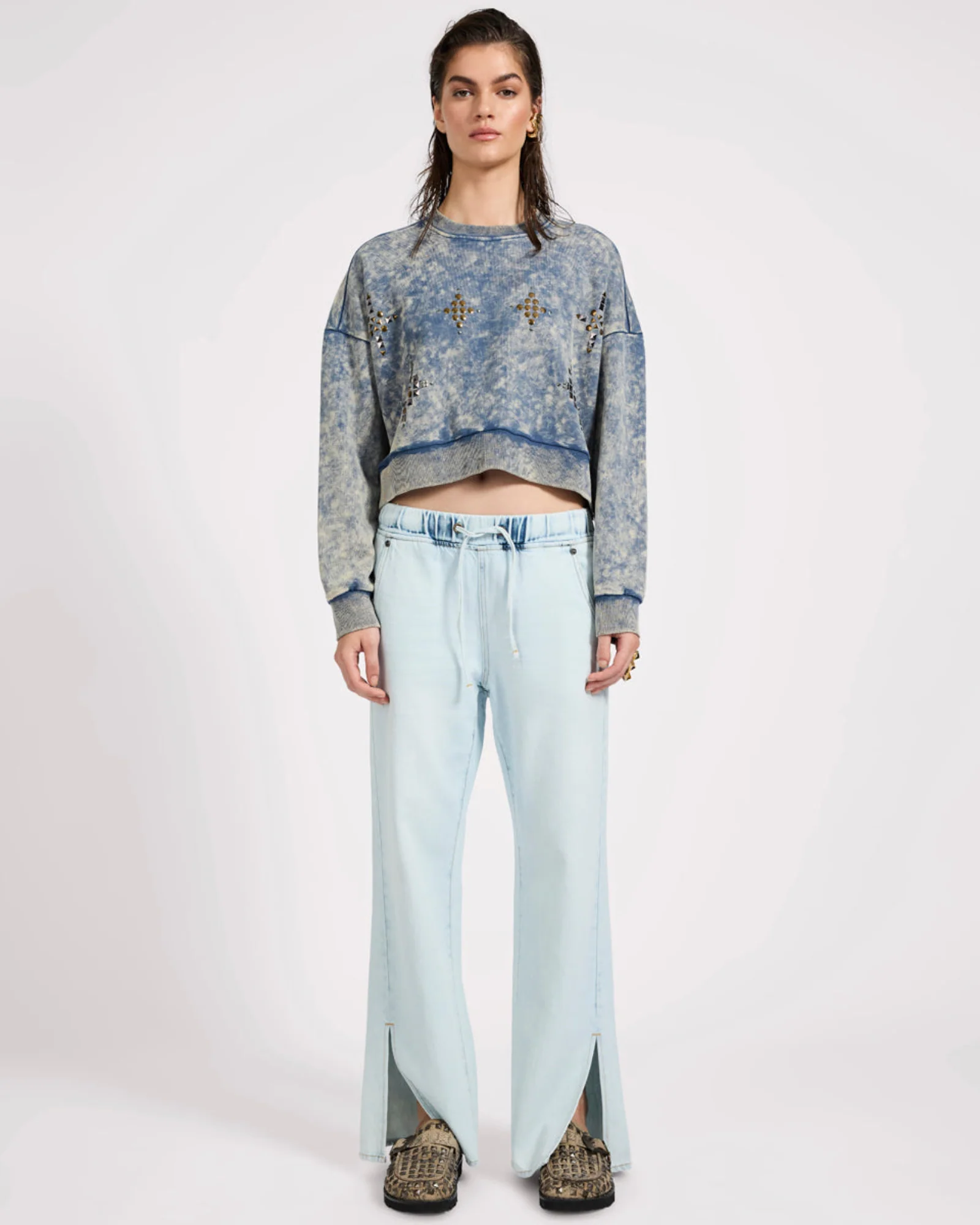 Fleece Cropped Star Studded Sweater - Acid Wash Blue - Image 3