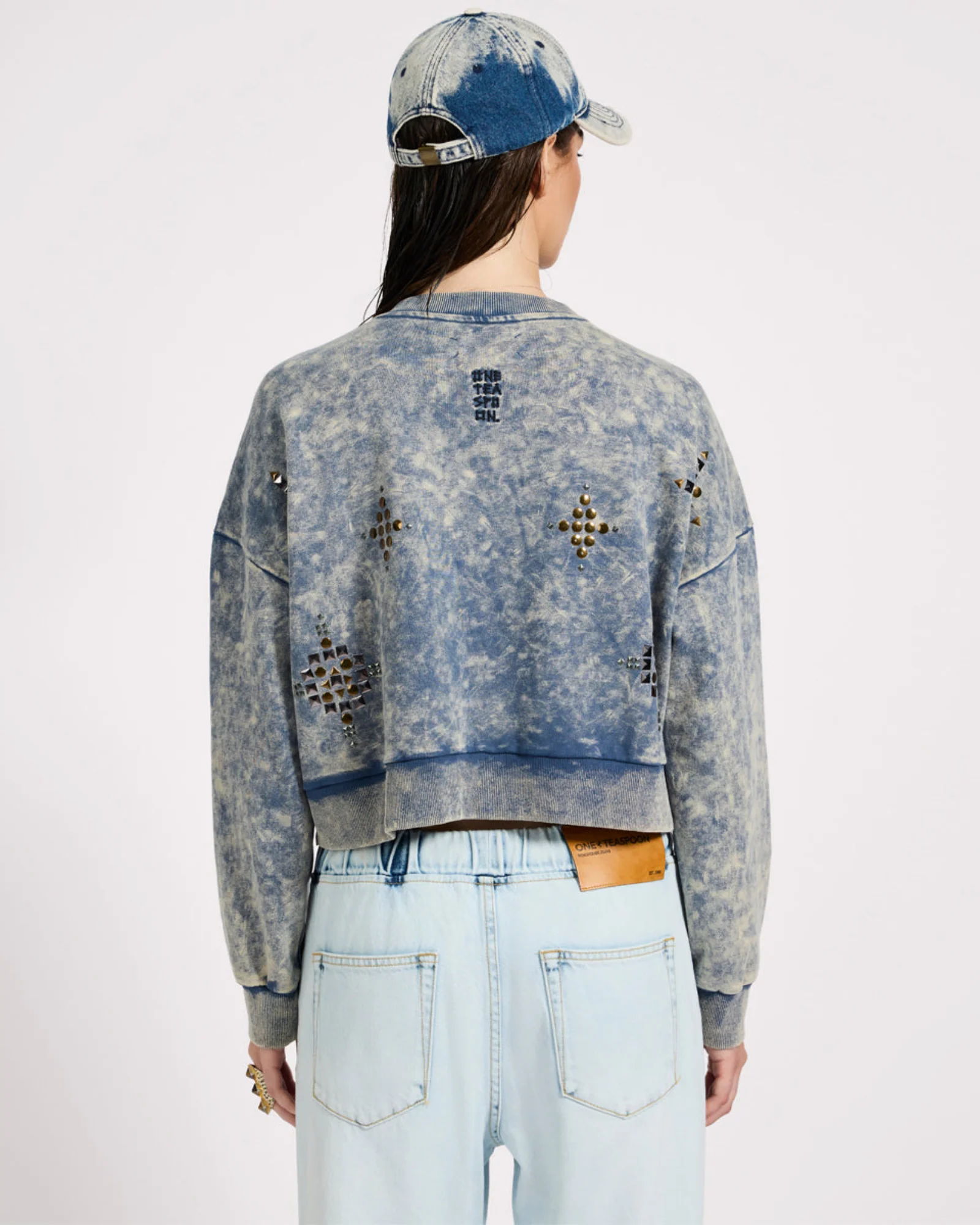 Fleece Cropped Star Studded Sweater - Acid Wash Blue - Image 6