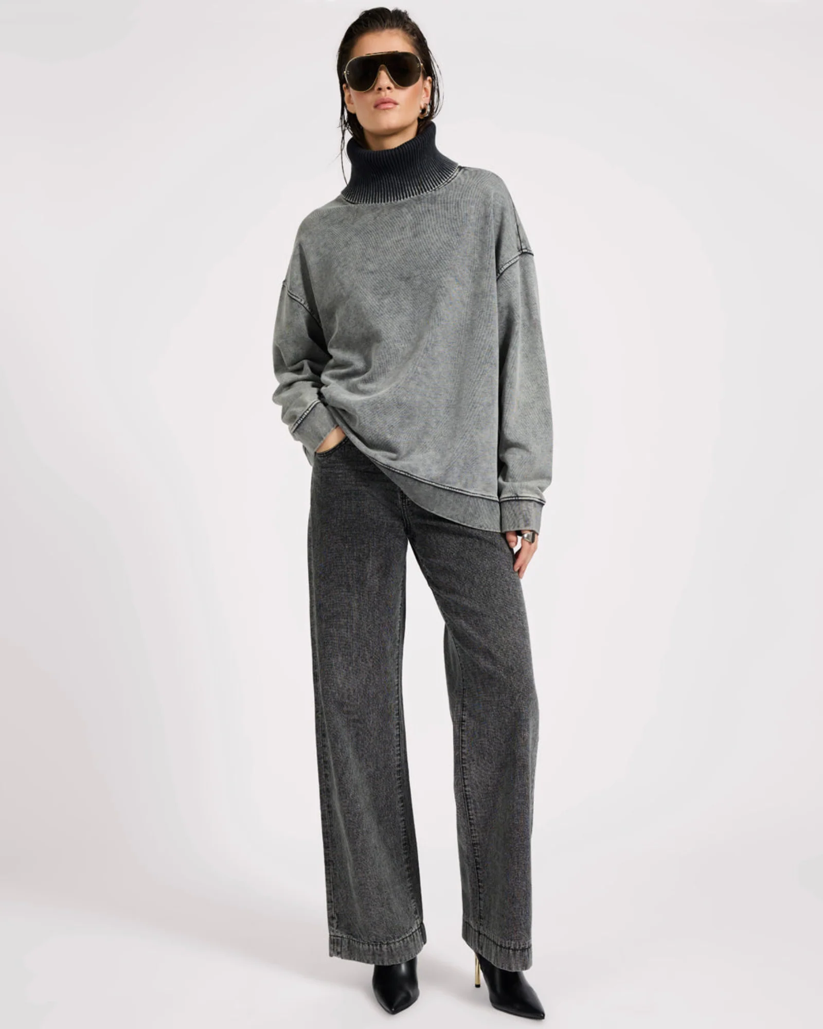Fleece Roll Neck Sweater - Worn Black - Image 2