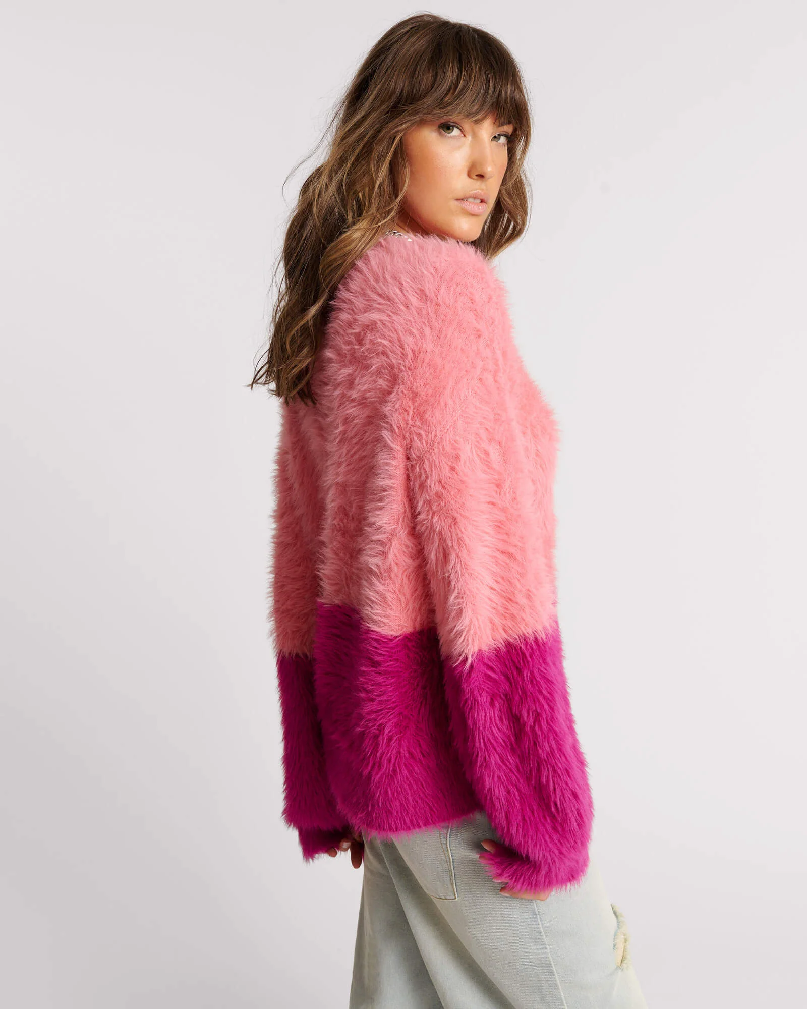 Fluffy Colour Block Sweater - Pink - Image 4