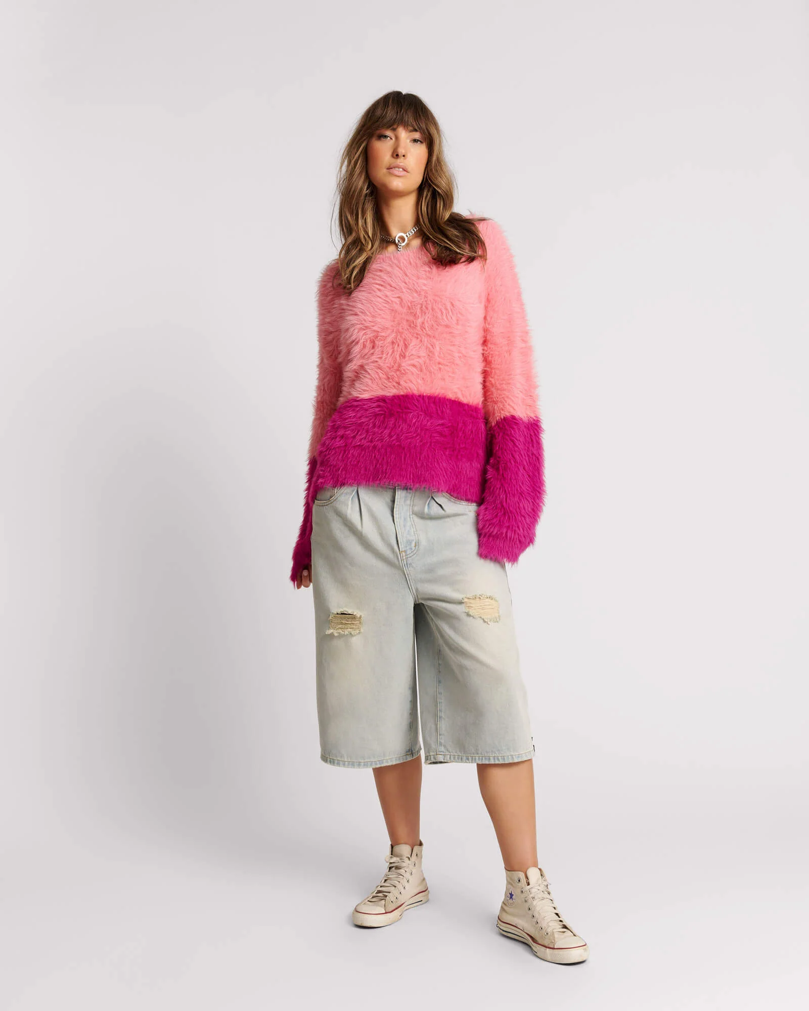 Fluffy Colour Block Sweater - Pink - Image 5