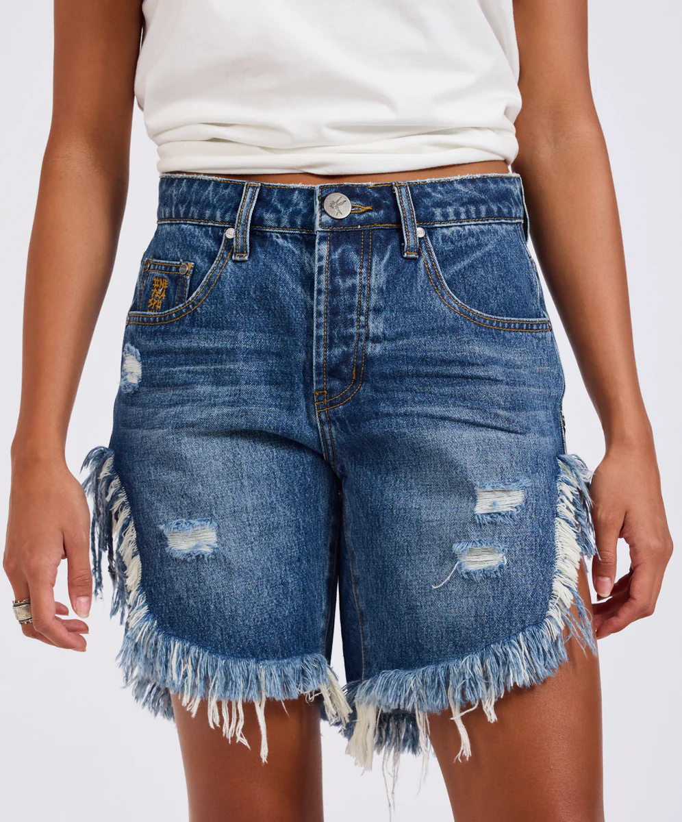 Frankies High Waist Long Length Denim Shorts - Blue Love - Image 4