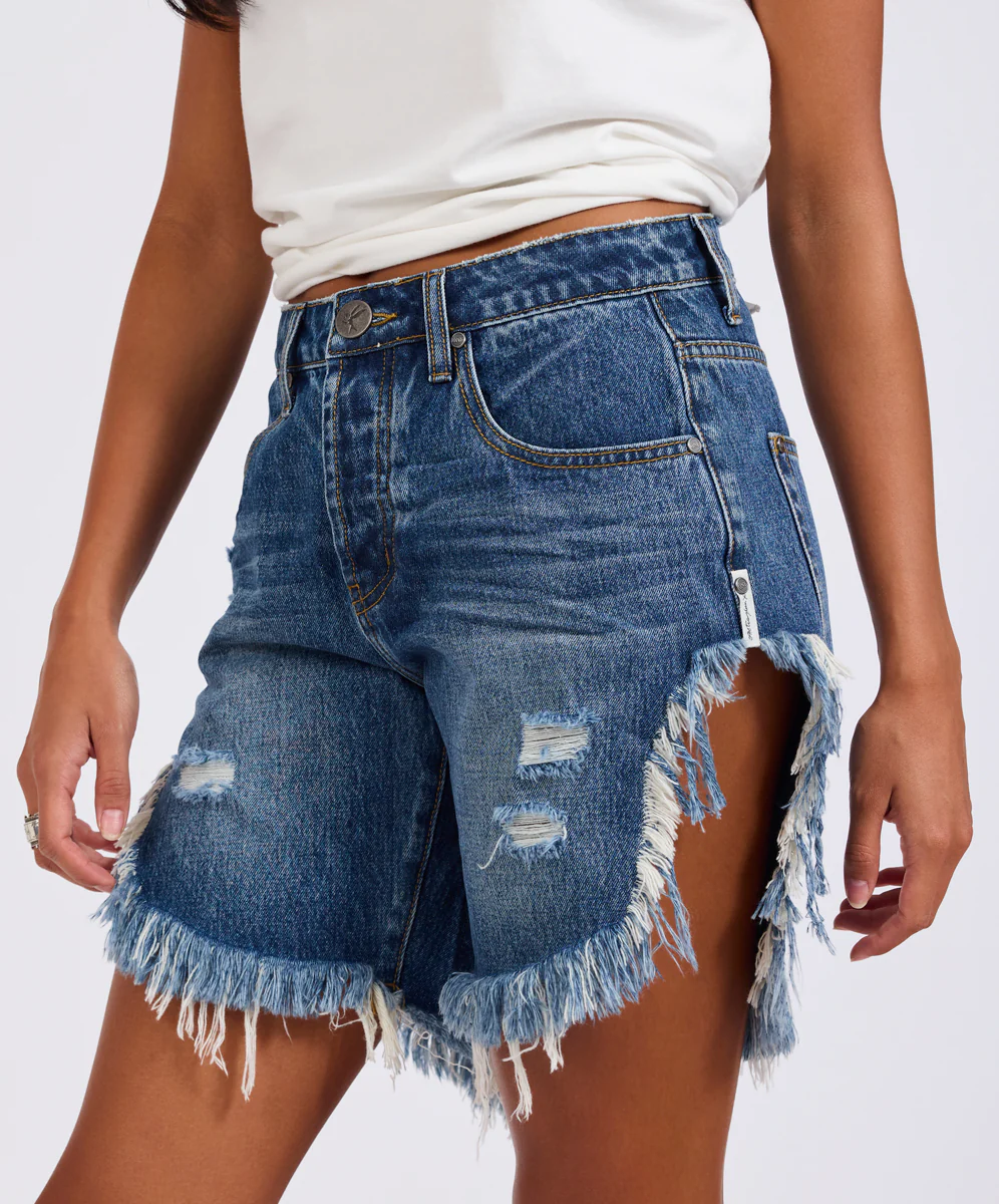Frankies High Waist Long Length Denim Shorts - Blue Love - Image 5