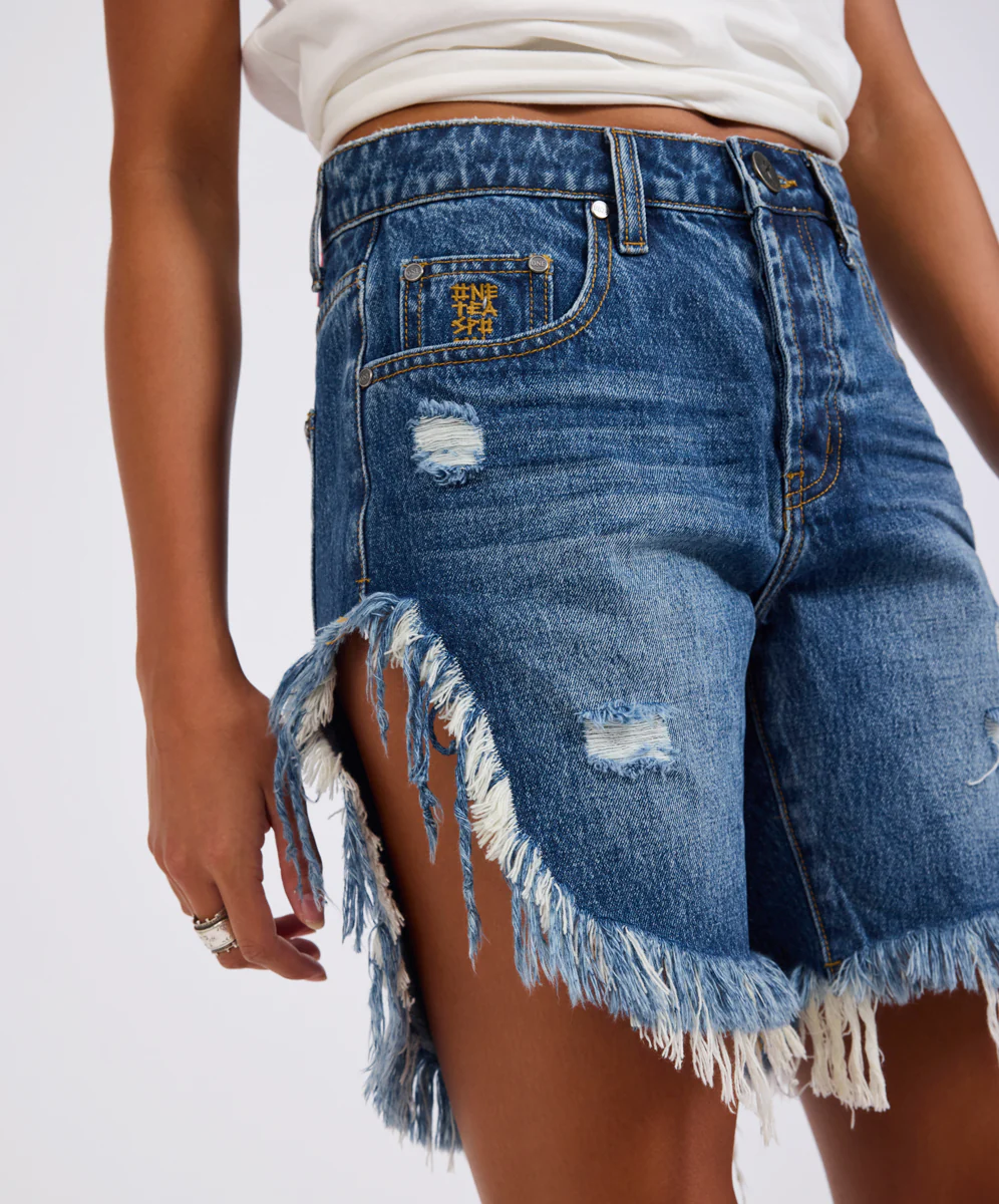 Frankies High Waist Long Length Denim Shorts - Blue Love - Image 9