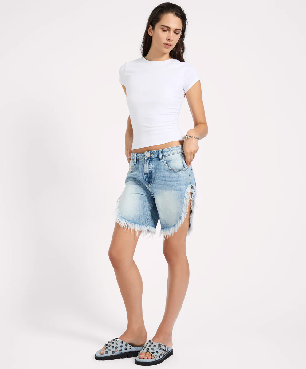 Frankies Low Waist Long Length Denim Shorts - Sunset Blue - Image 10