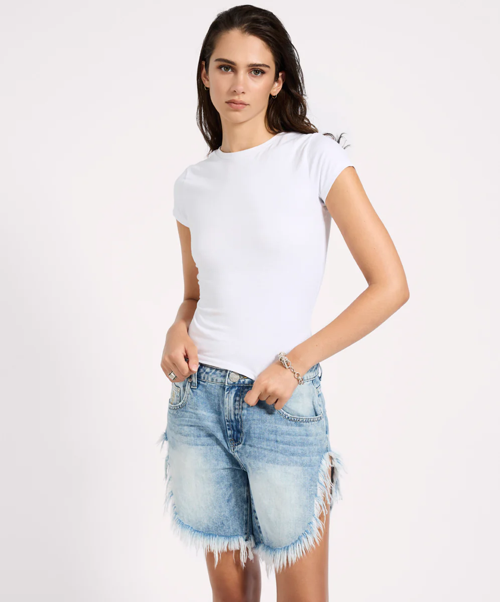 Frankies Low Waist Long Length Denim Shorts - Sunset Blue - Image 11