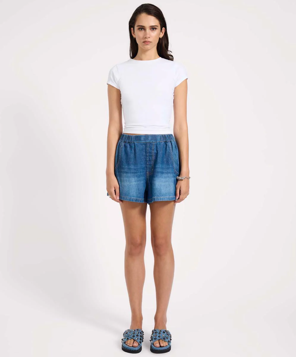 Funks High Waist Elasticated Flippy Denim Shorts - Blue Pasadena - Image 2