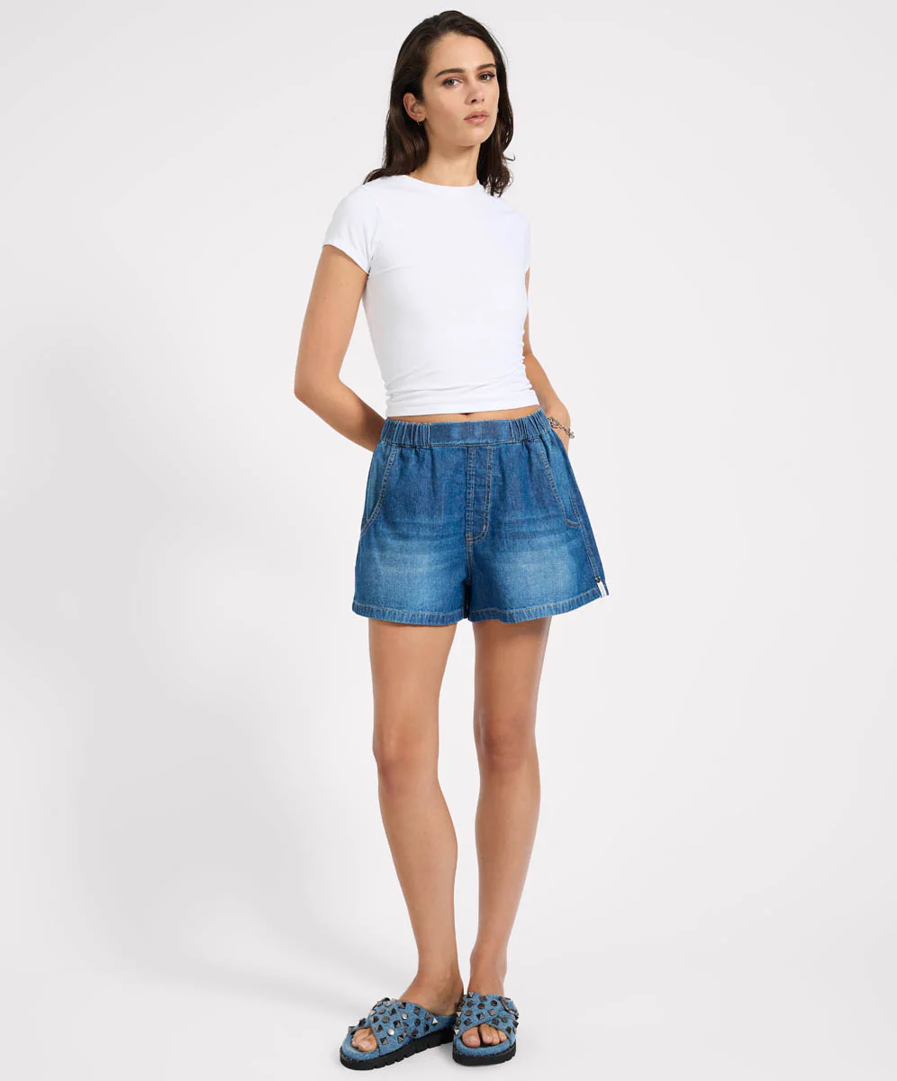 Funks High Waist Elasticated Flippy Denim Shorts - Blue Pasadena - Image 8
