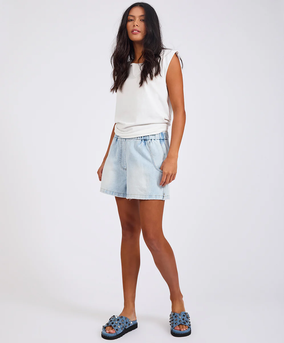 Funks High Waist Elasticated Flippy Denim Shorts - Blue Latte - Image 9
