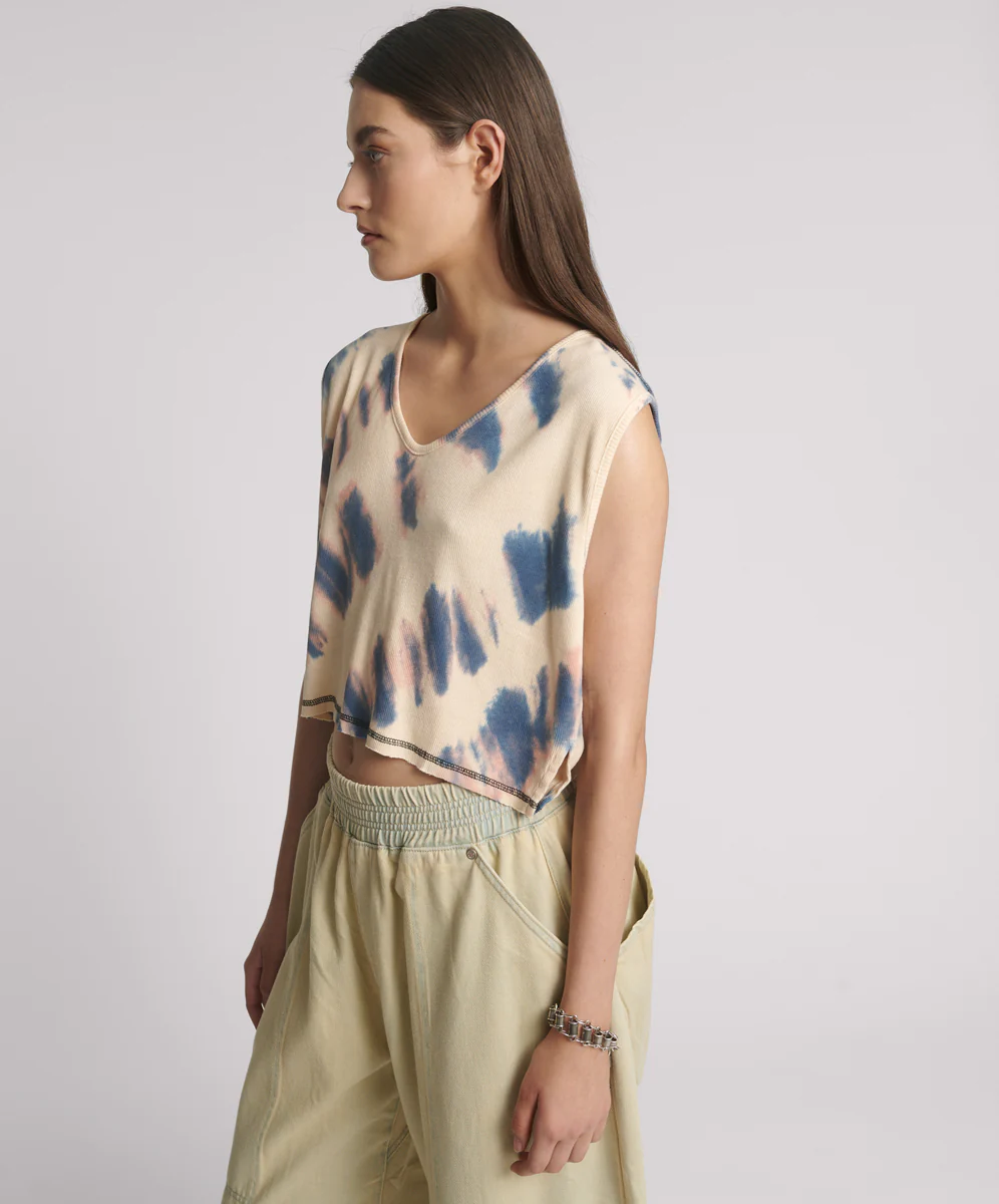 Gloria Tie Dye Cropped V Front Rib Tank - Cream - Image 2