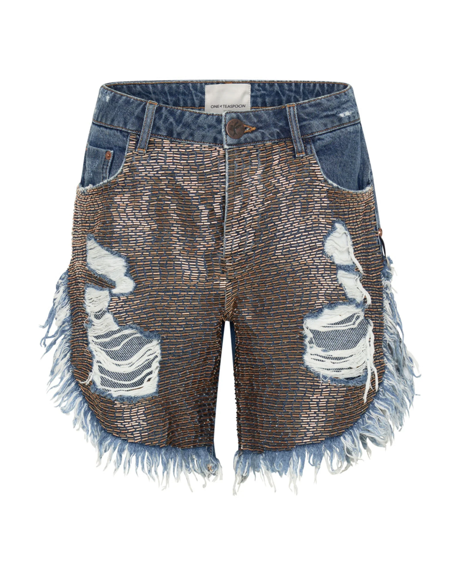 Frankies Low Waist Long Length Denim Shorts - Embellished Blue - Image 6