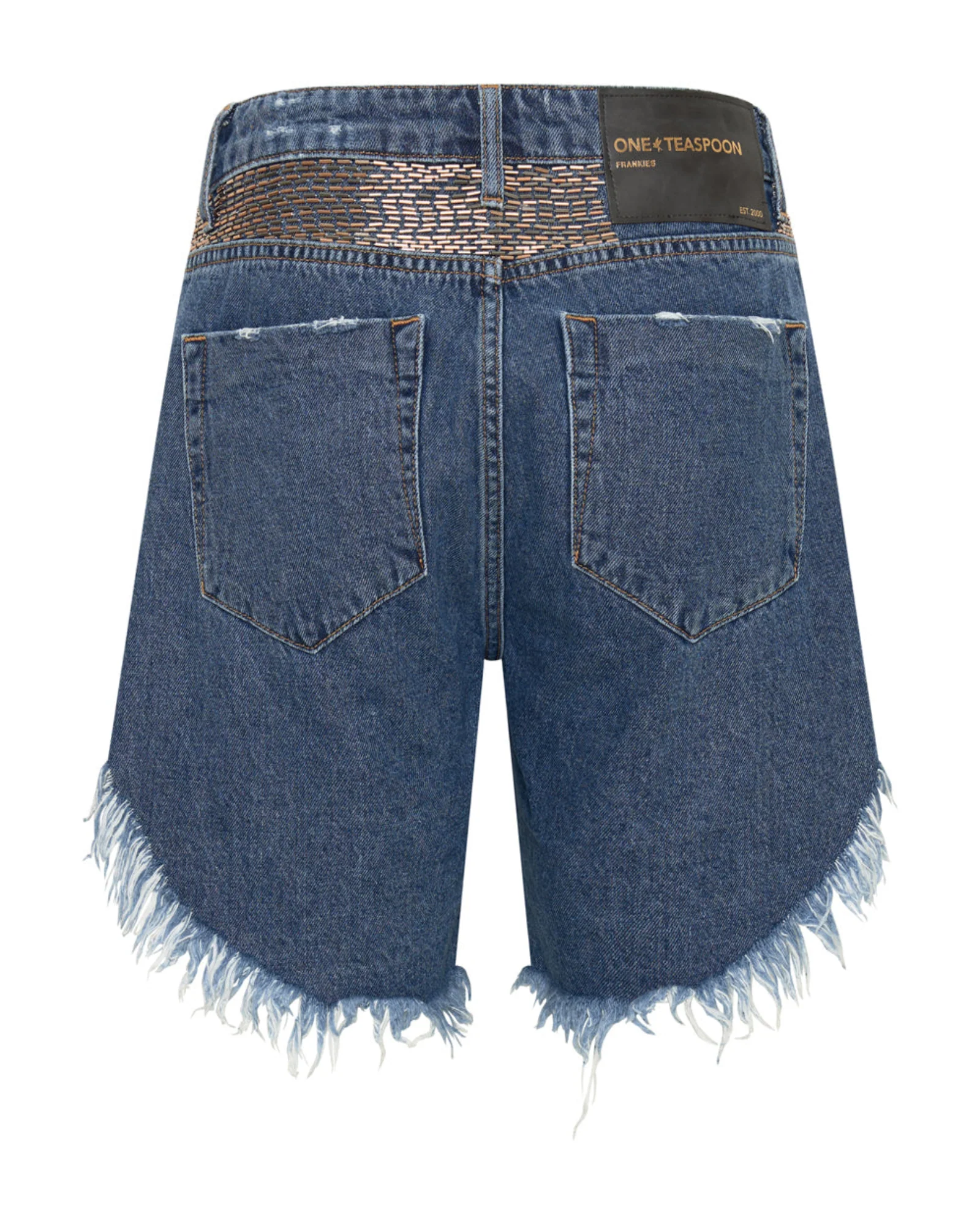Frankies Low Waist Long Length Denim Shorts - Embellished Blue - Image 7
