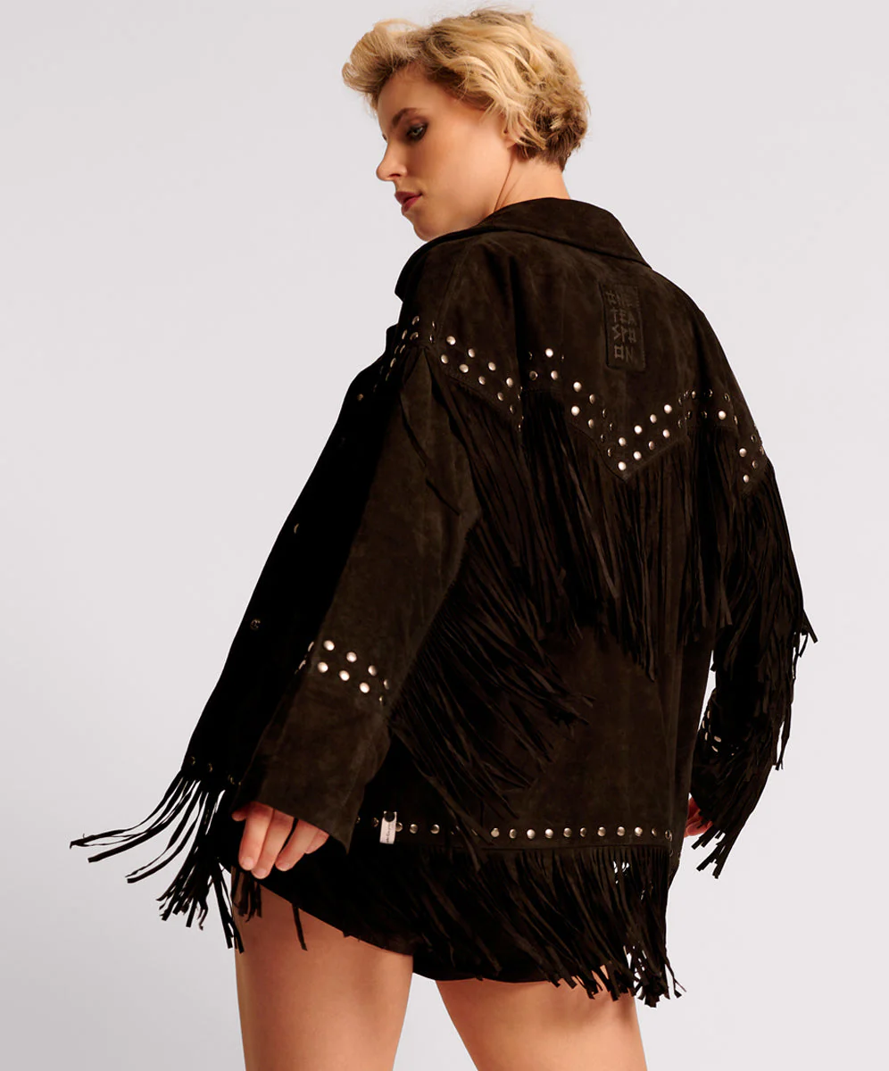 Gothic Rodeo Fringed Suede Leather Studded Jacket - Black - Image 3