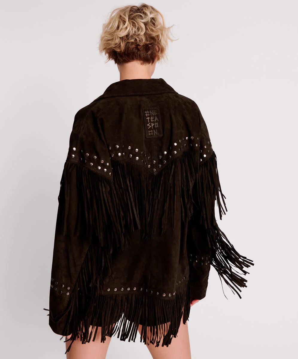 Gothic Rodeo Fringed Suede Leather Studded Jacket - Black - Image 4