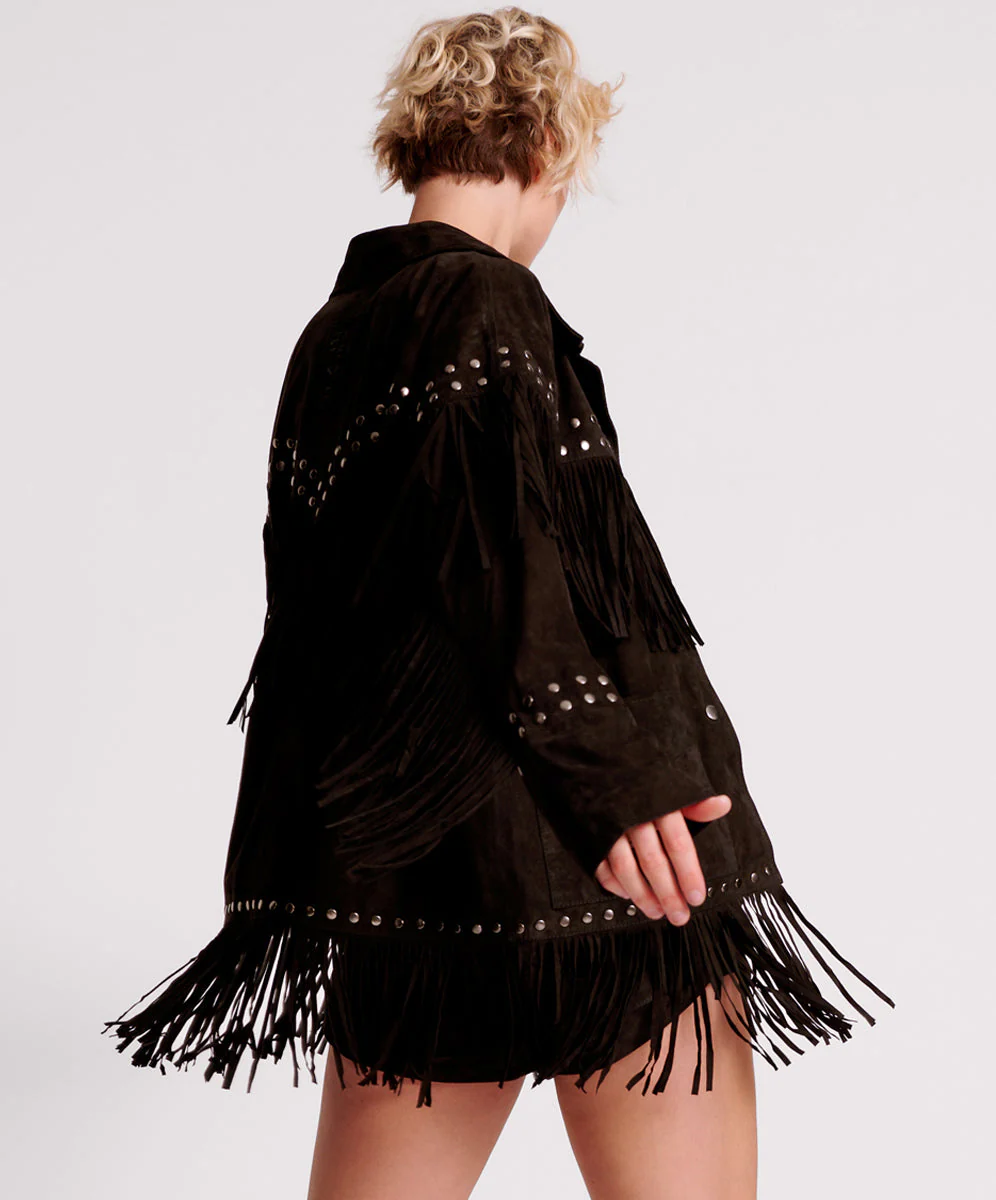 Gothic Rodeo Fringed Suede Leather Studded Jacket - Black - Image 5