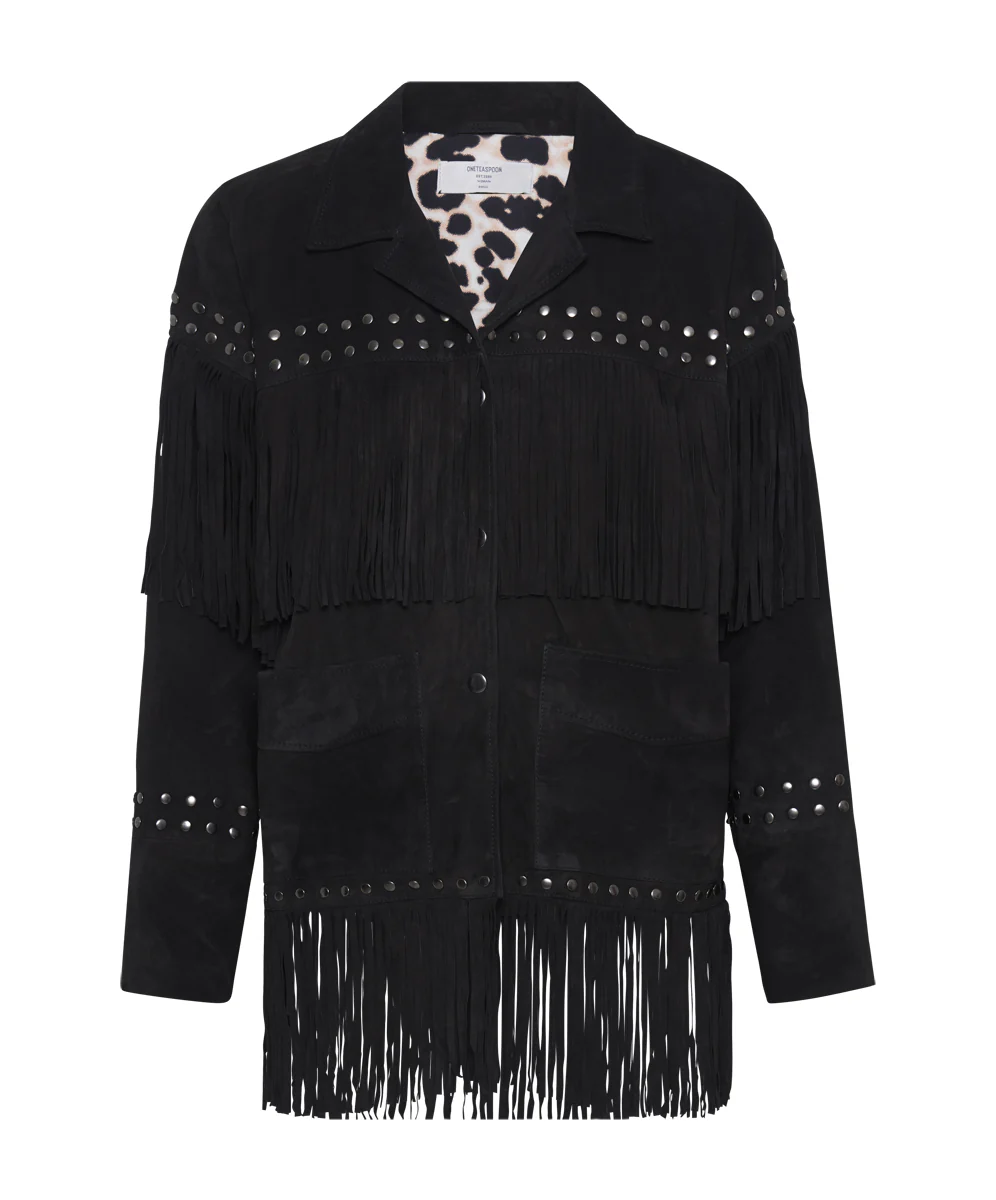 Gothic Rodeo Fringed Suede Leather Studded Jacket - Black - Image 6
