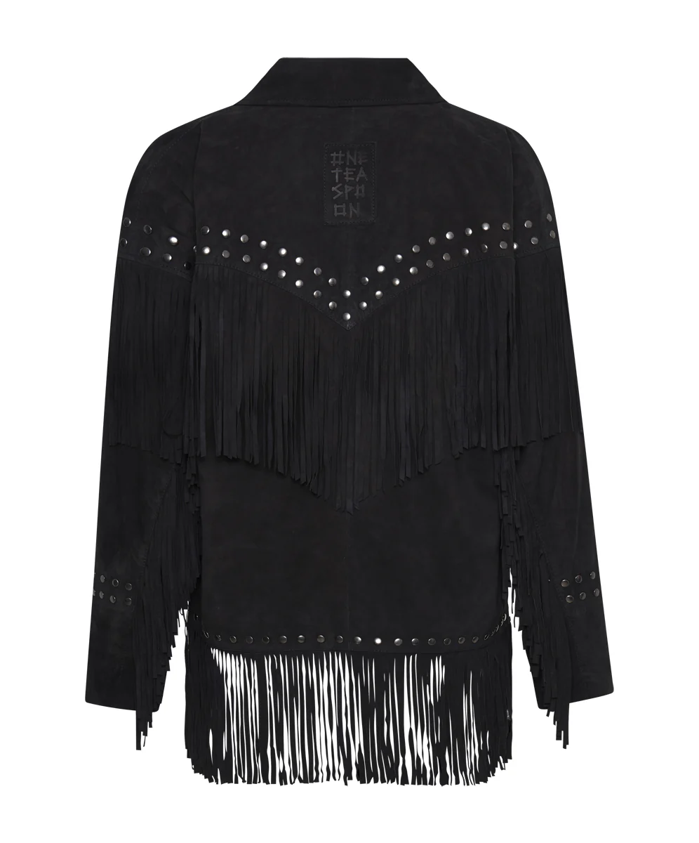 Gothic Rodeo Fringed Suede Leather Studded Jacket - Black - Image 7