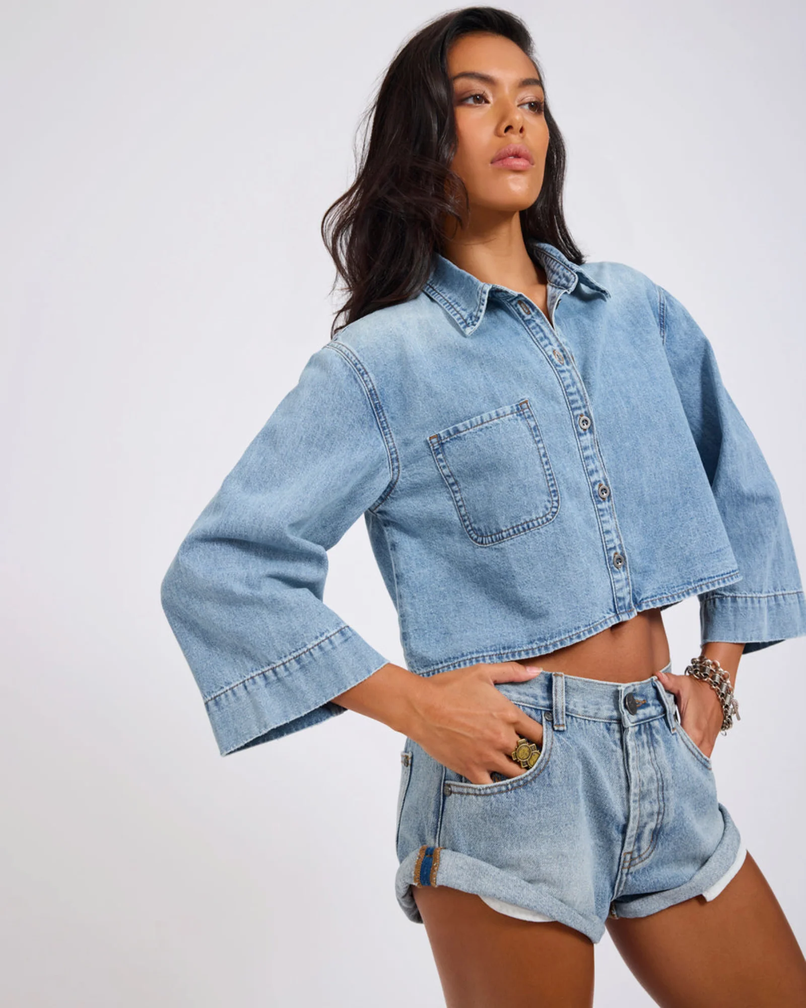 Gracie Cropped Denim Shirt - Misty Blue - Image 8